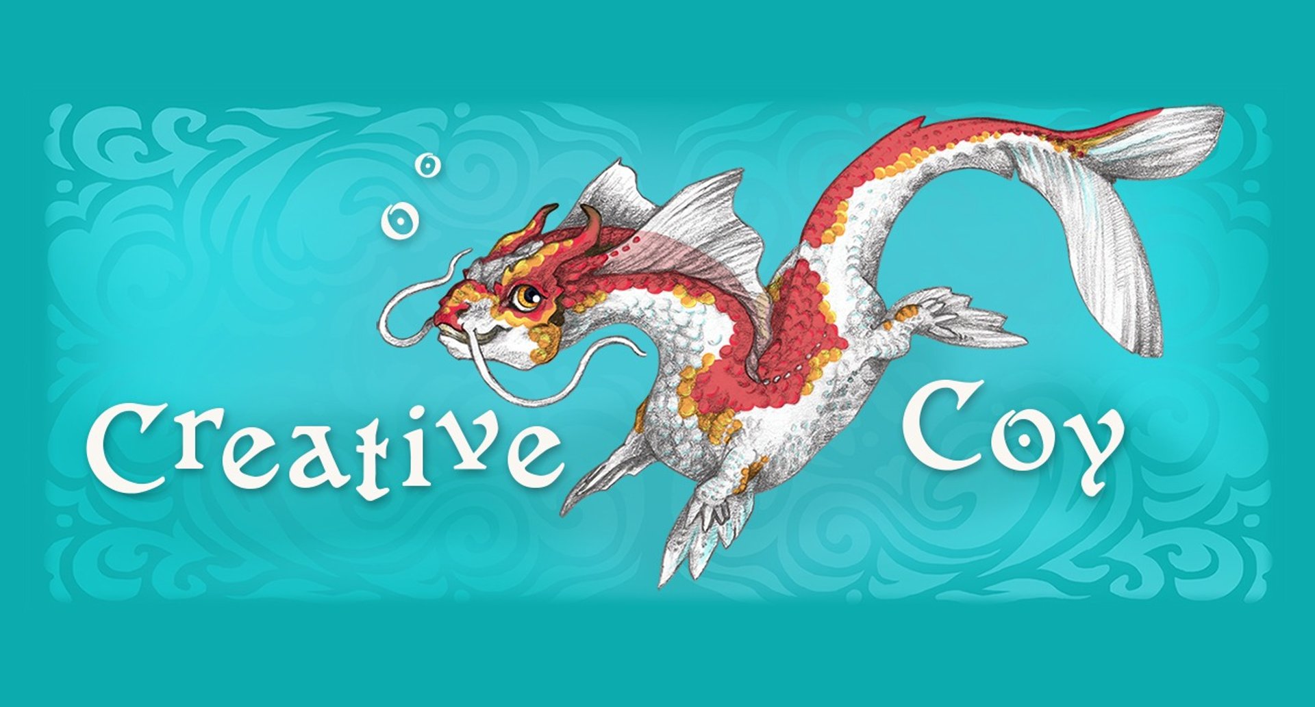 an illustration of a koi-fish that has turned into a whimsical dragon, with the title Creative Coy