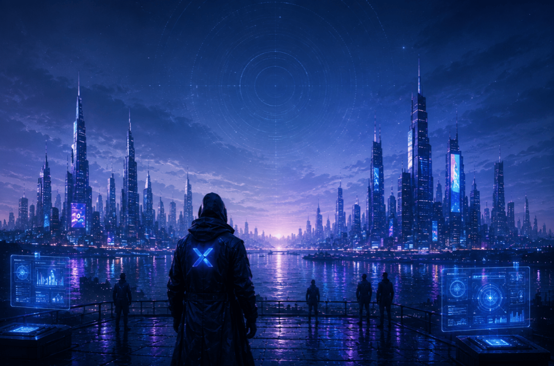 Geometric structure illuminated with blue and purple lights
