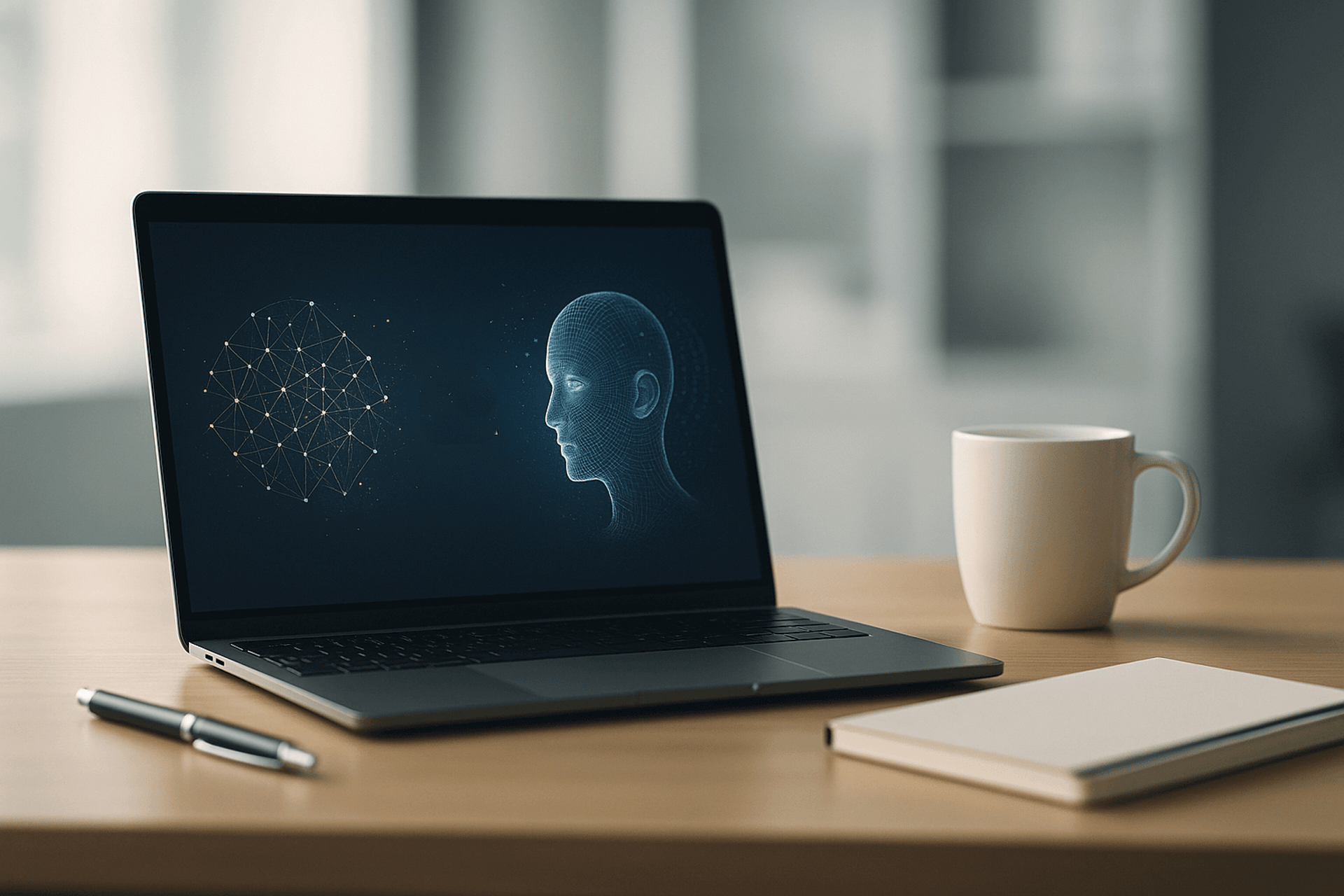 Minimalist, modern executive workspace with laptop displaying abstract AI visualizations.