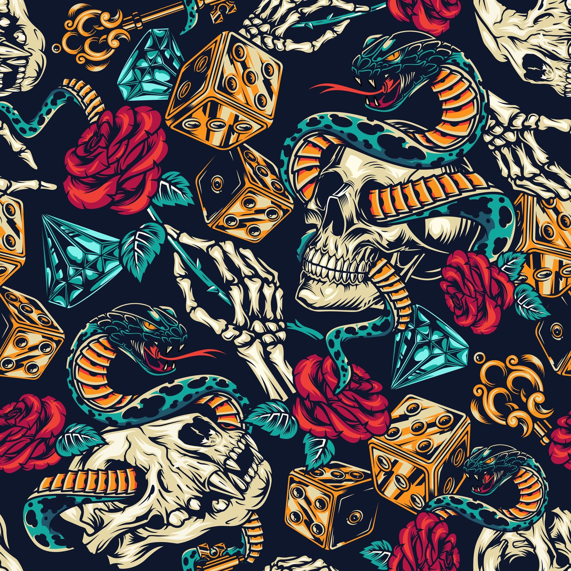 white, green, and red skull and flower print textile