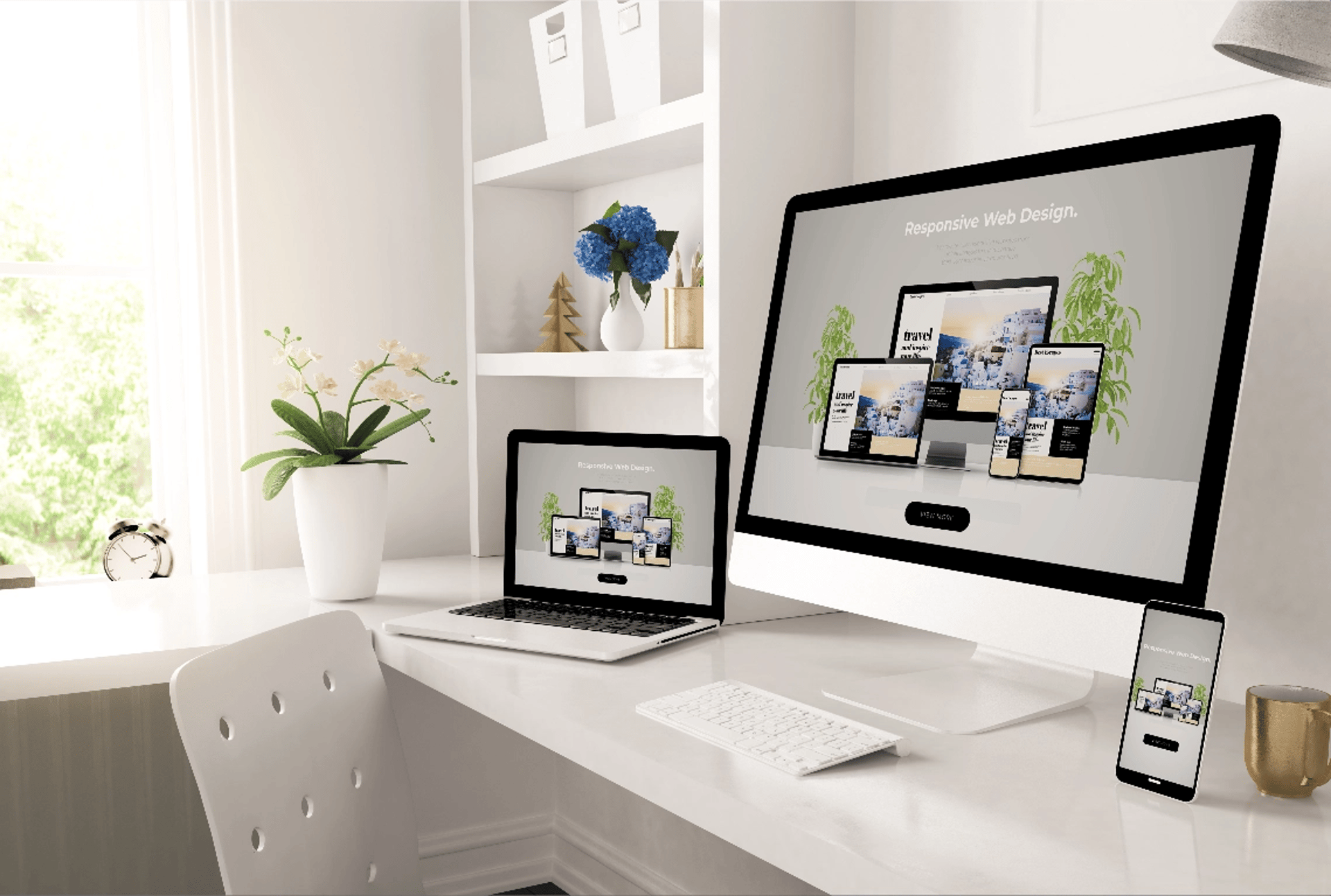 MacBook Pro on table beside white iMac and Magic Mouse