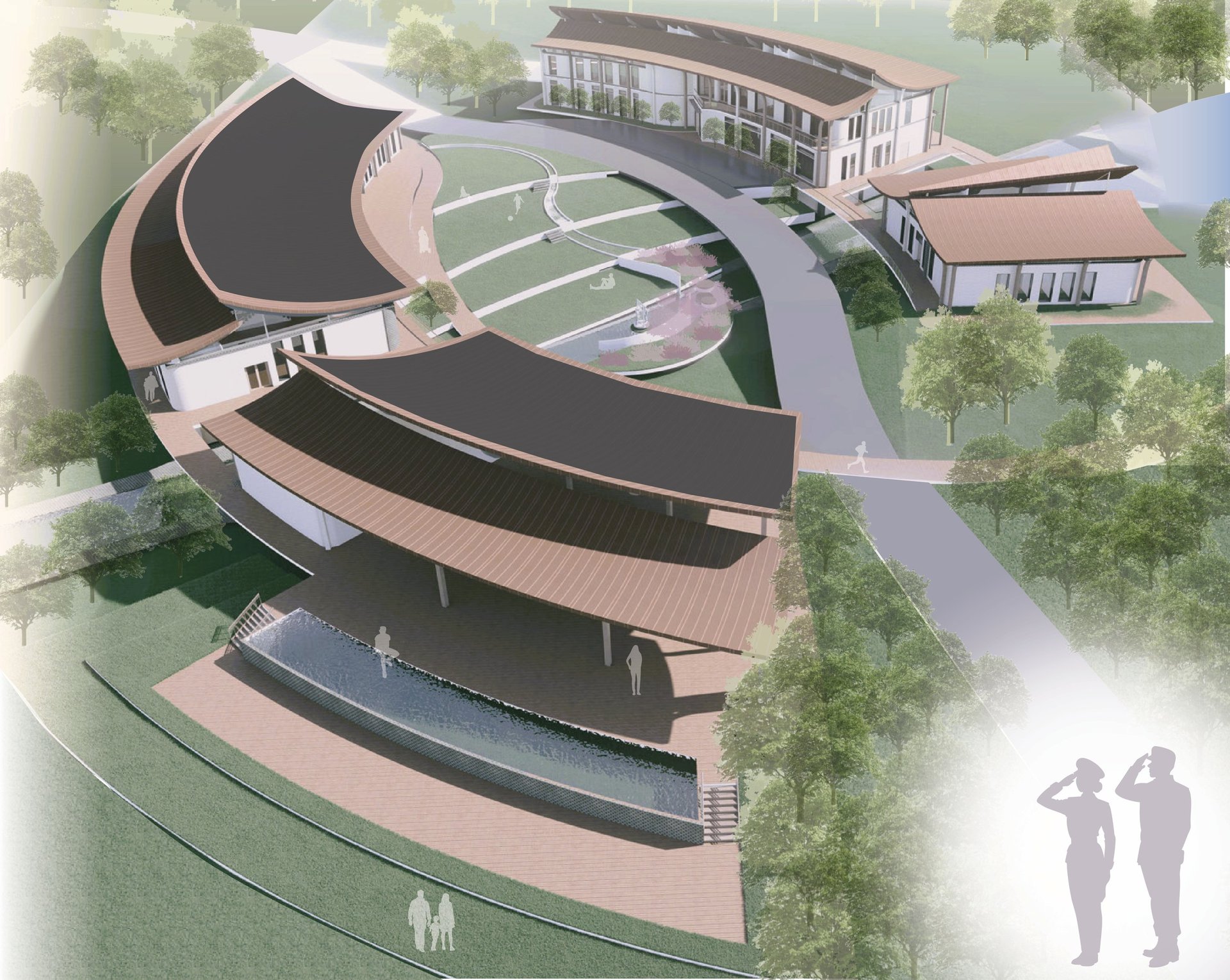 an abstract photo of a curved building with a blue sky in the background