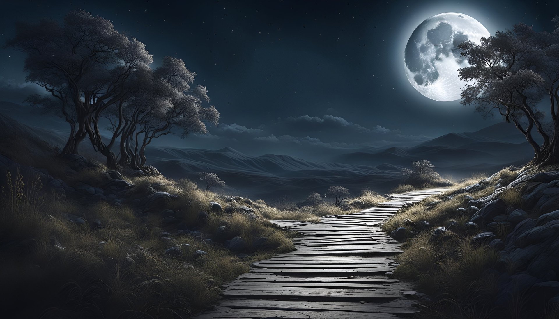 Moonlit path splitting into two directions symbolising choices in dreams and different paths of consciousness