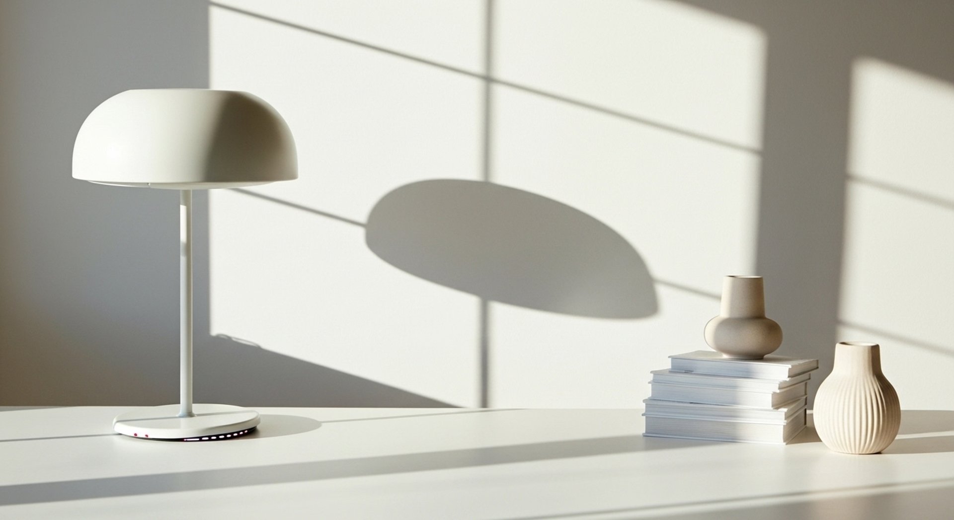 white desk lamp beside green plant