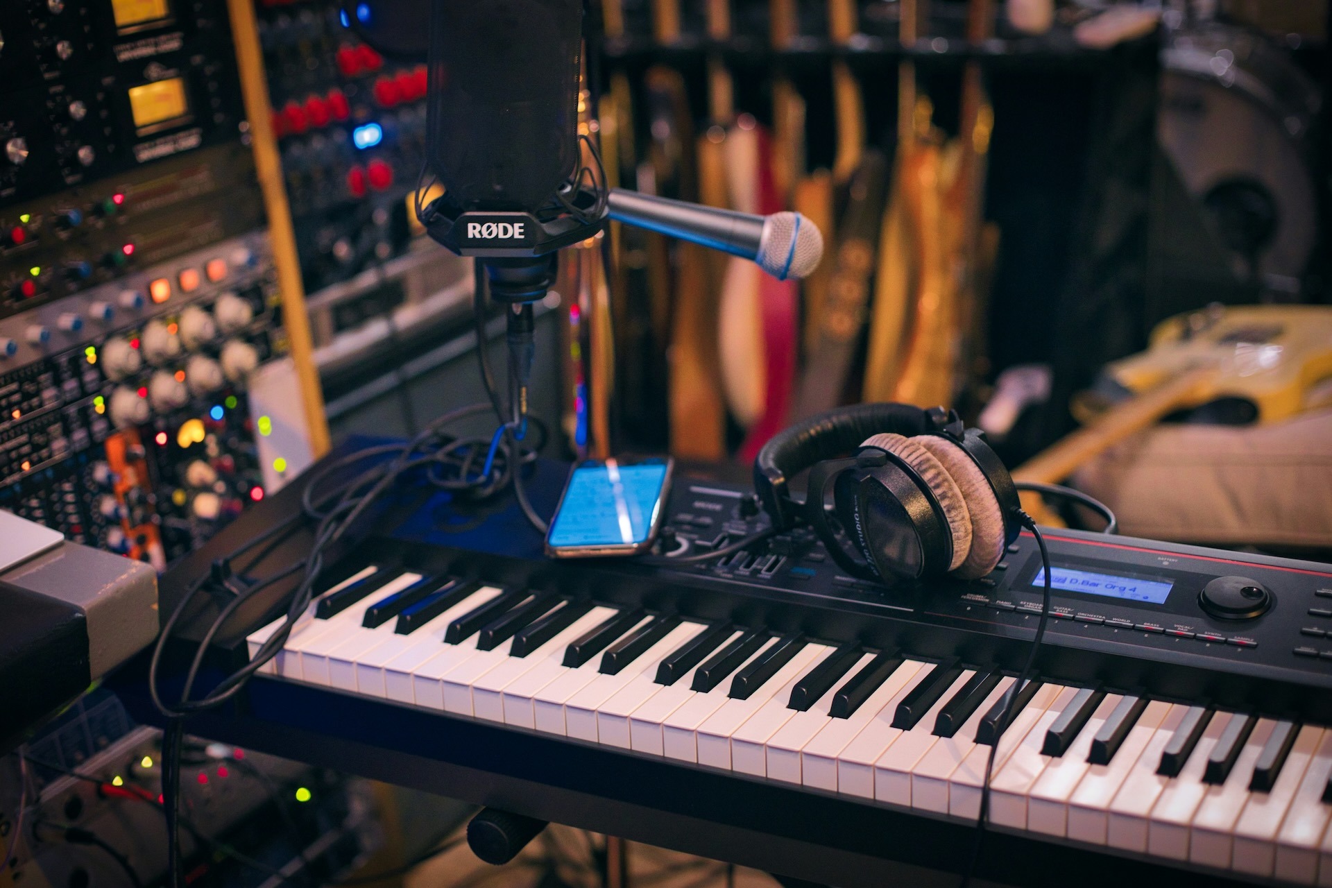 Keyboard, mic and sound equipment is a music studio