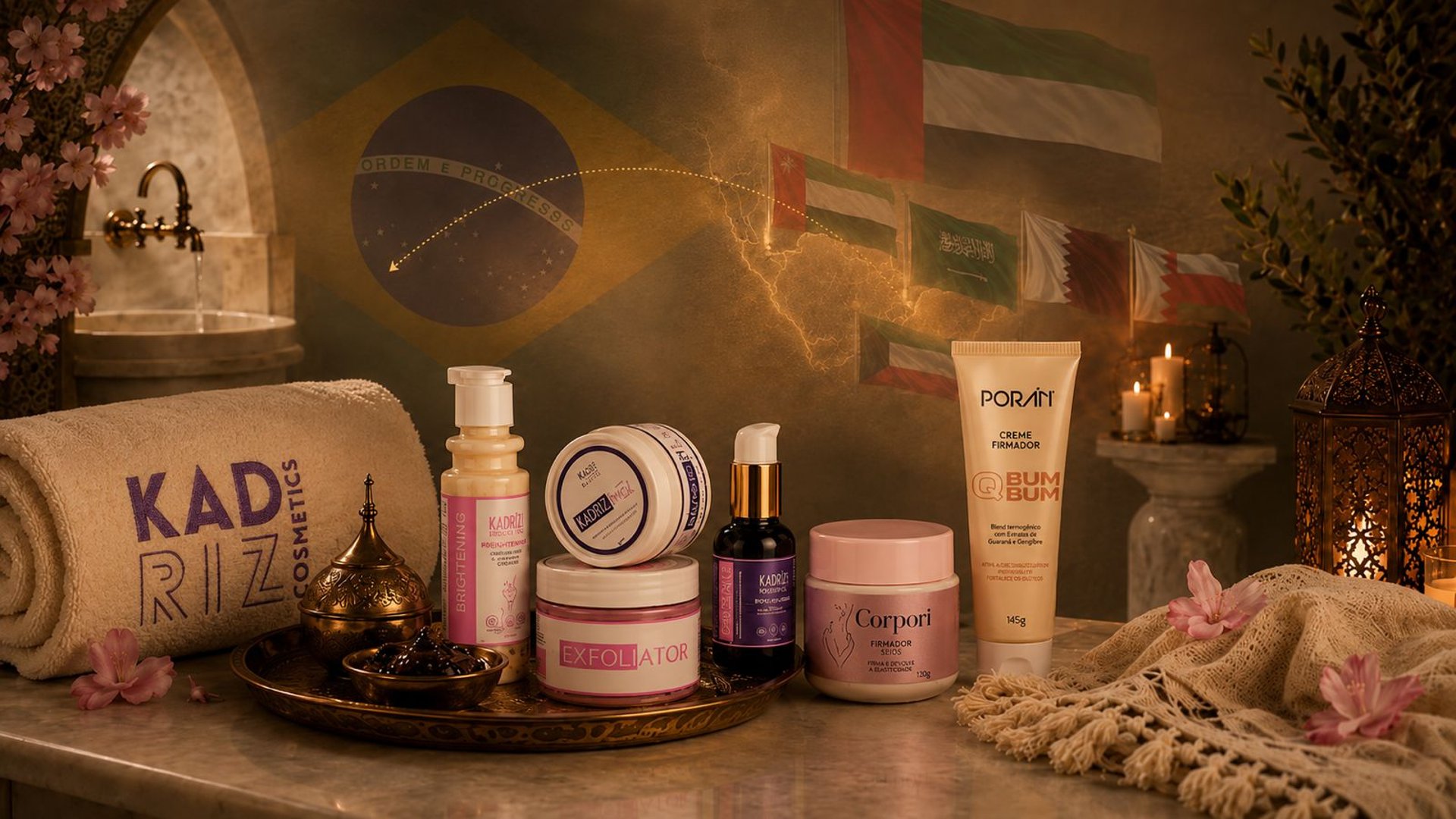 Skincare products with leaves on a light background.