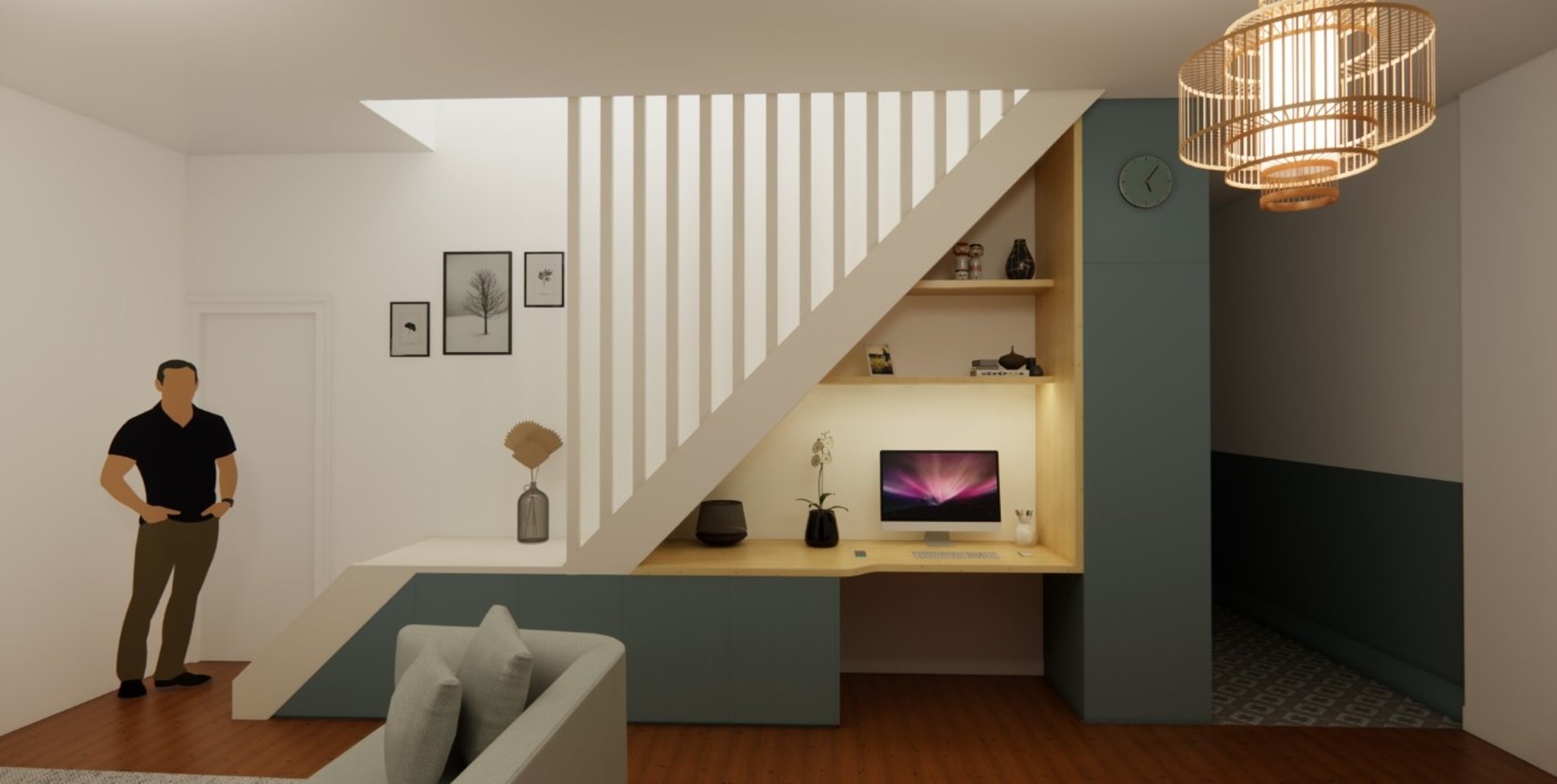 aperçu 3d escalier et bureau sous escalier