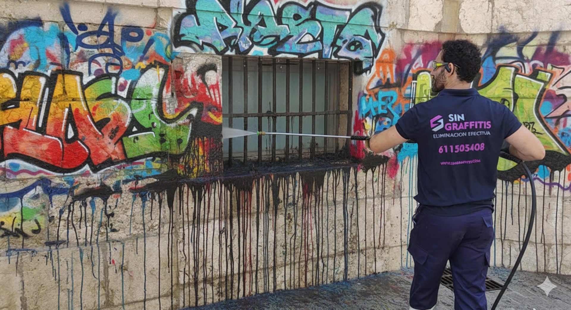 Trabajador profesional eliminando graffiti con equipo de alta presión en una pared en Málaga, limpieza de graffitis efectiva 