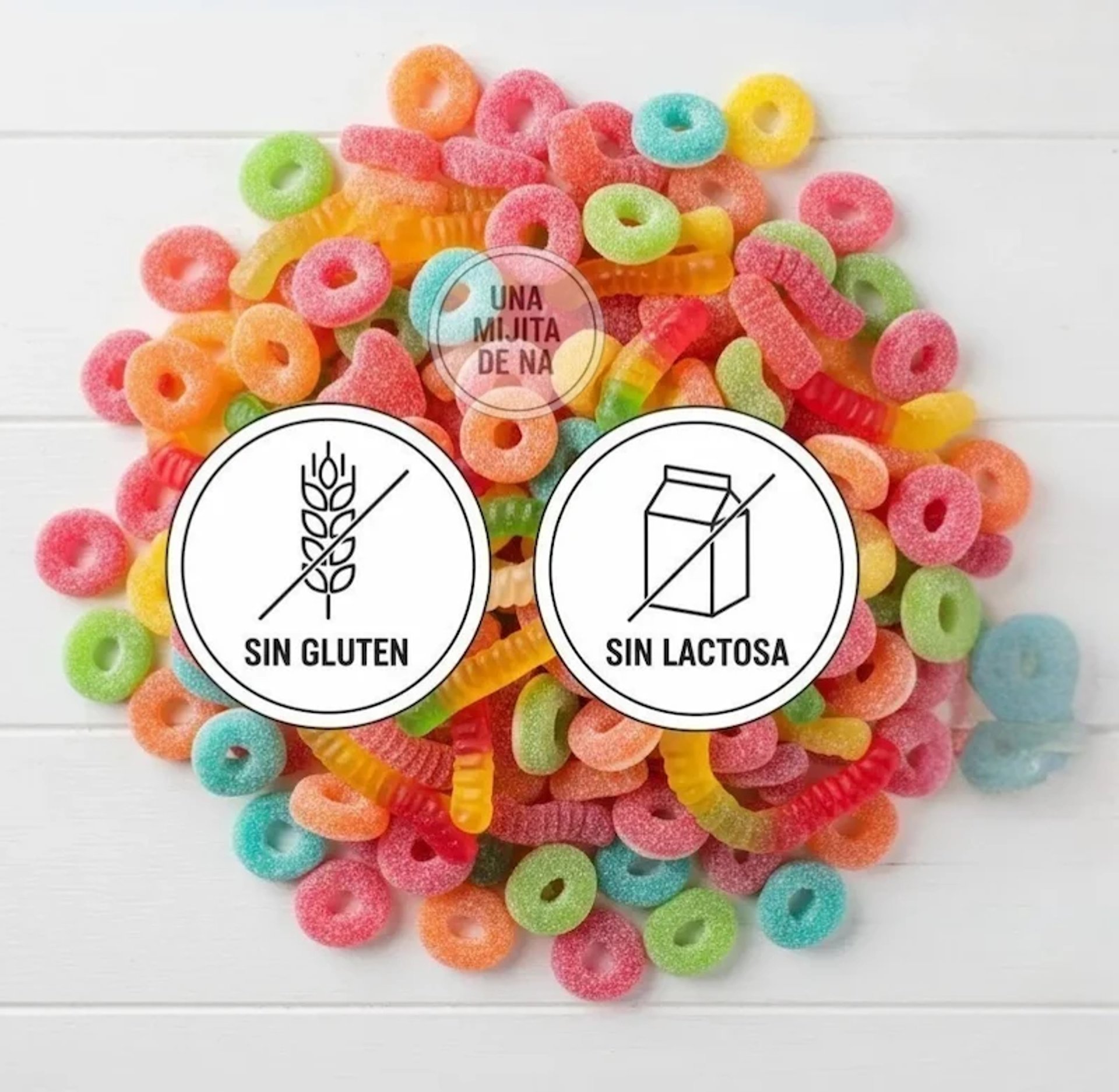Gominolas y chuches sin gluten, sin lactosa y aptas para alérgicos. Surtido de dulces seguros.