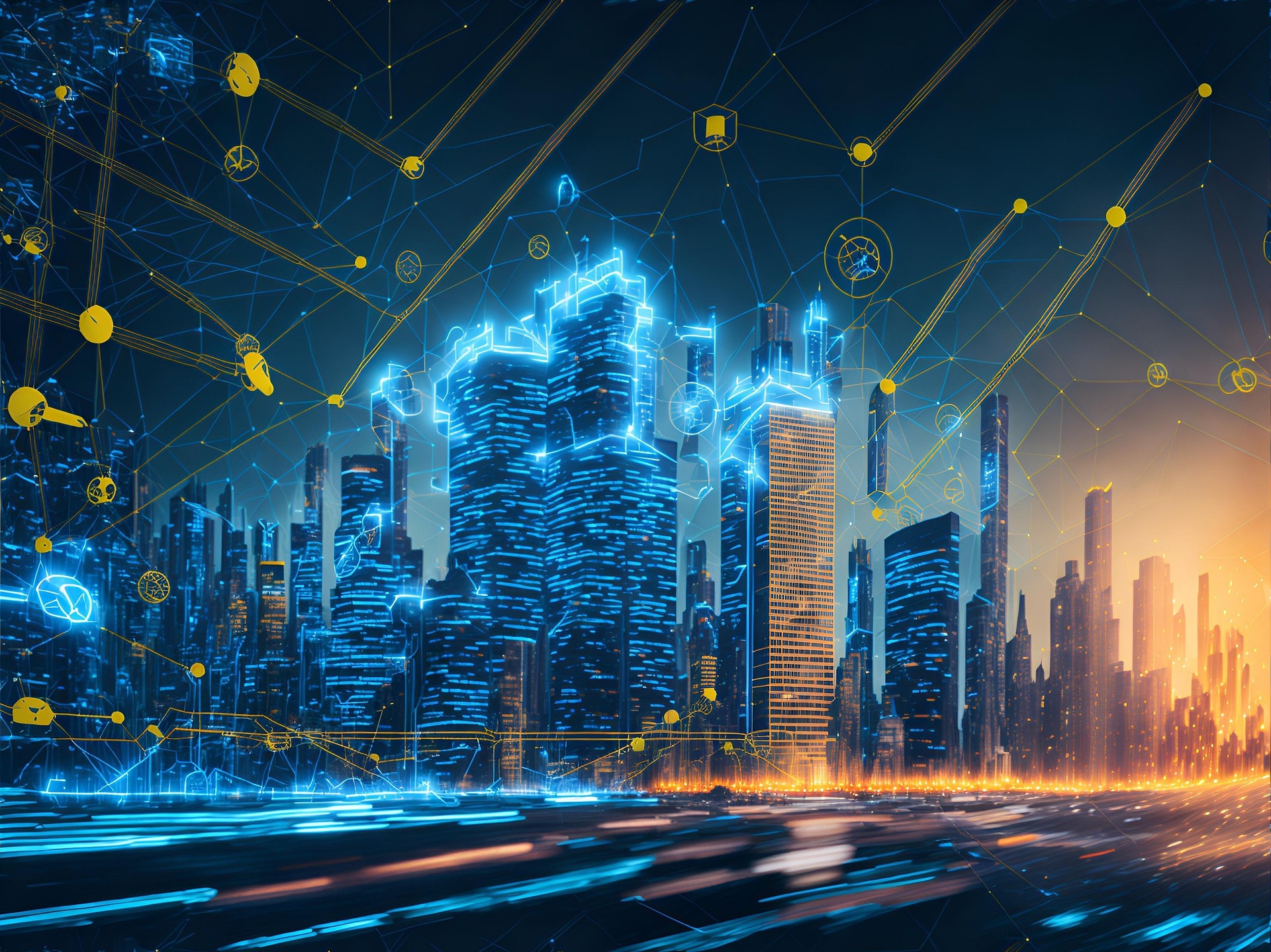 A futuristic concept image illustrating interconnected devices representing the future of the Internet of Things.