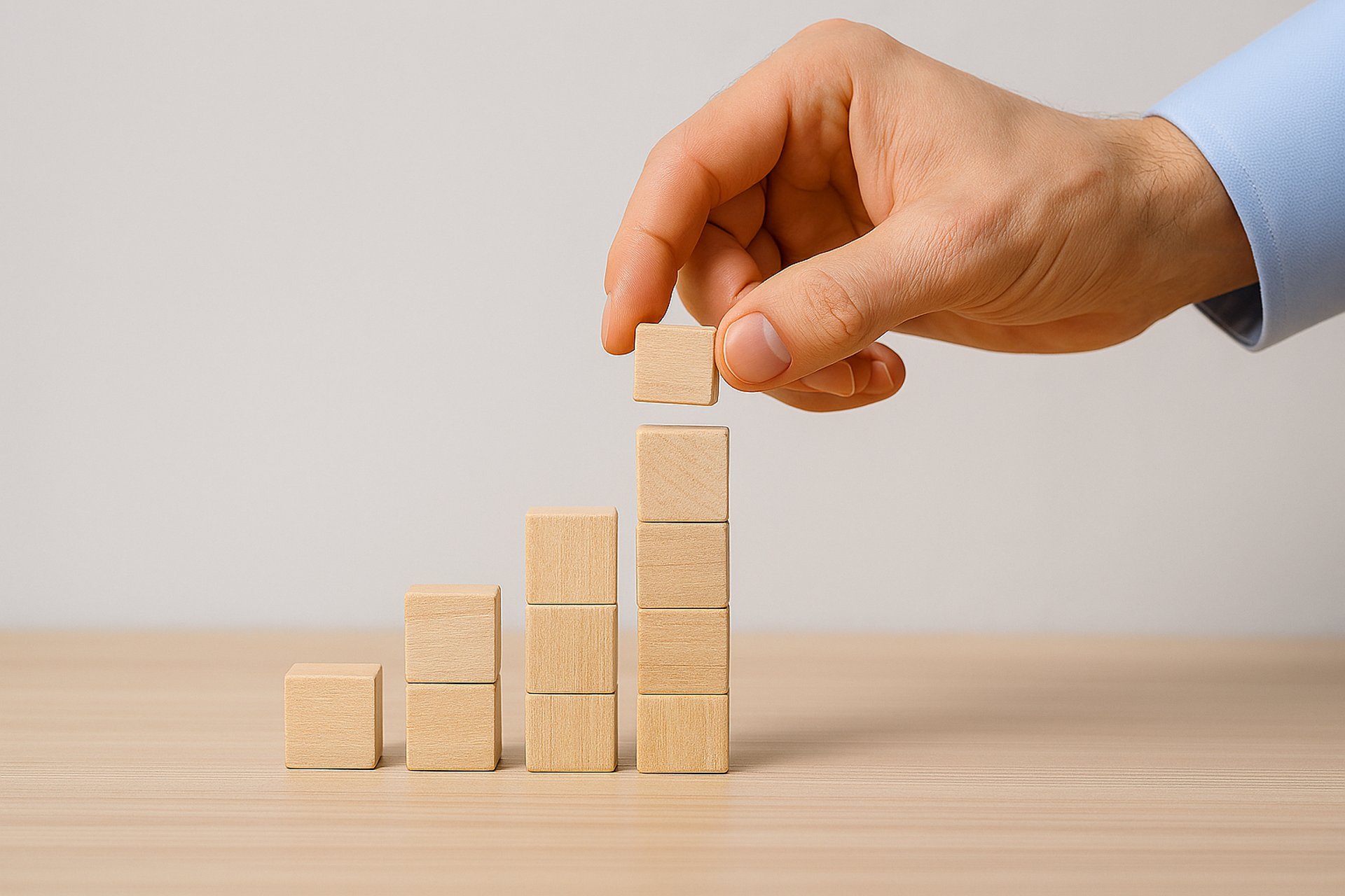 A person placing a piece of wood into a pyramid