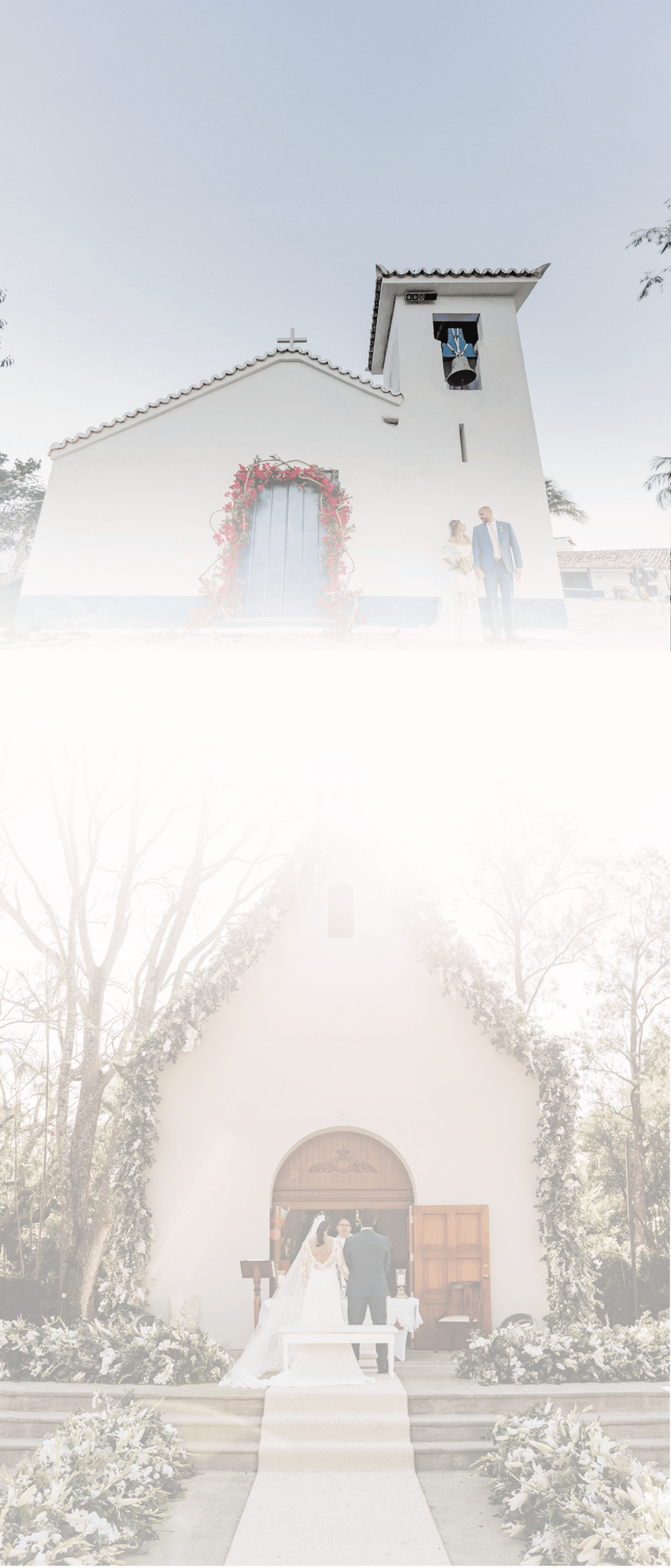 a bride and groom walking down the aisle of a church
