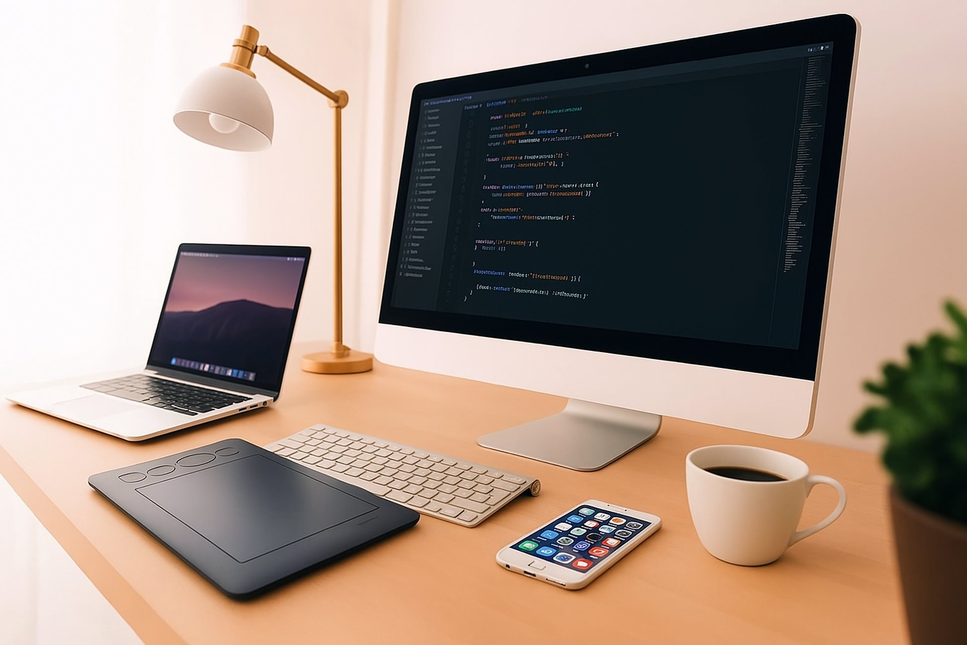 MacBook Pro on table beside white iMac and Magic Mouse