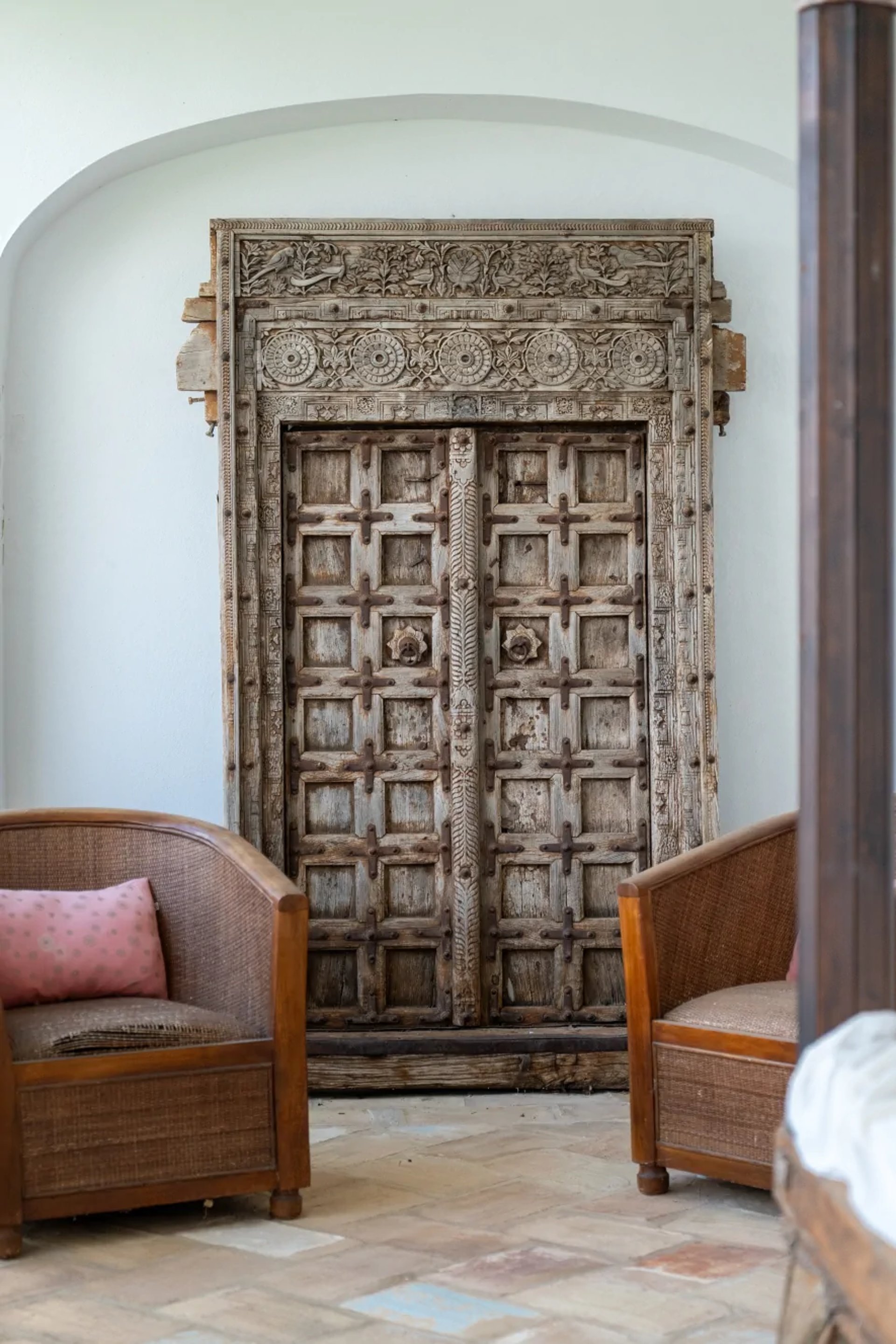Antique carved wooden door at Finca Santa Katerina