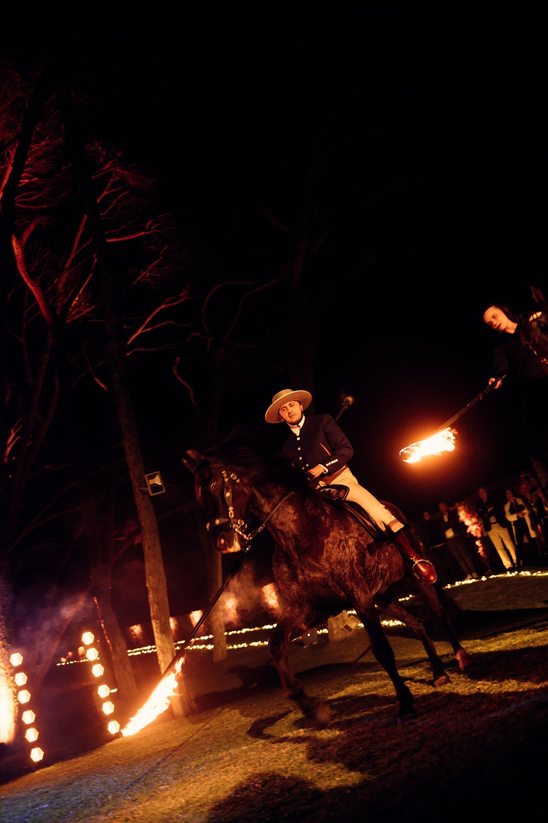 Corporate event at Villa El Rincon in Marbella featuring a live flamenco performance with horse riders.