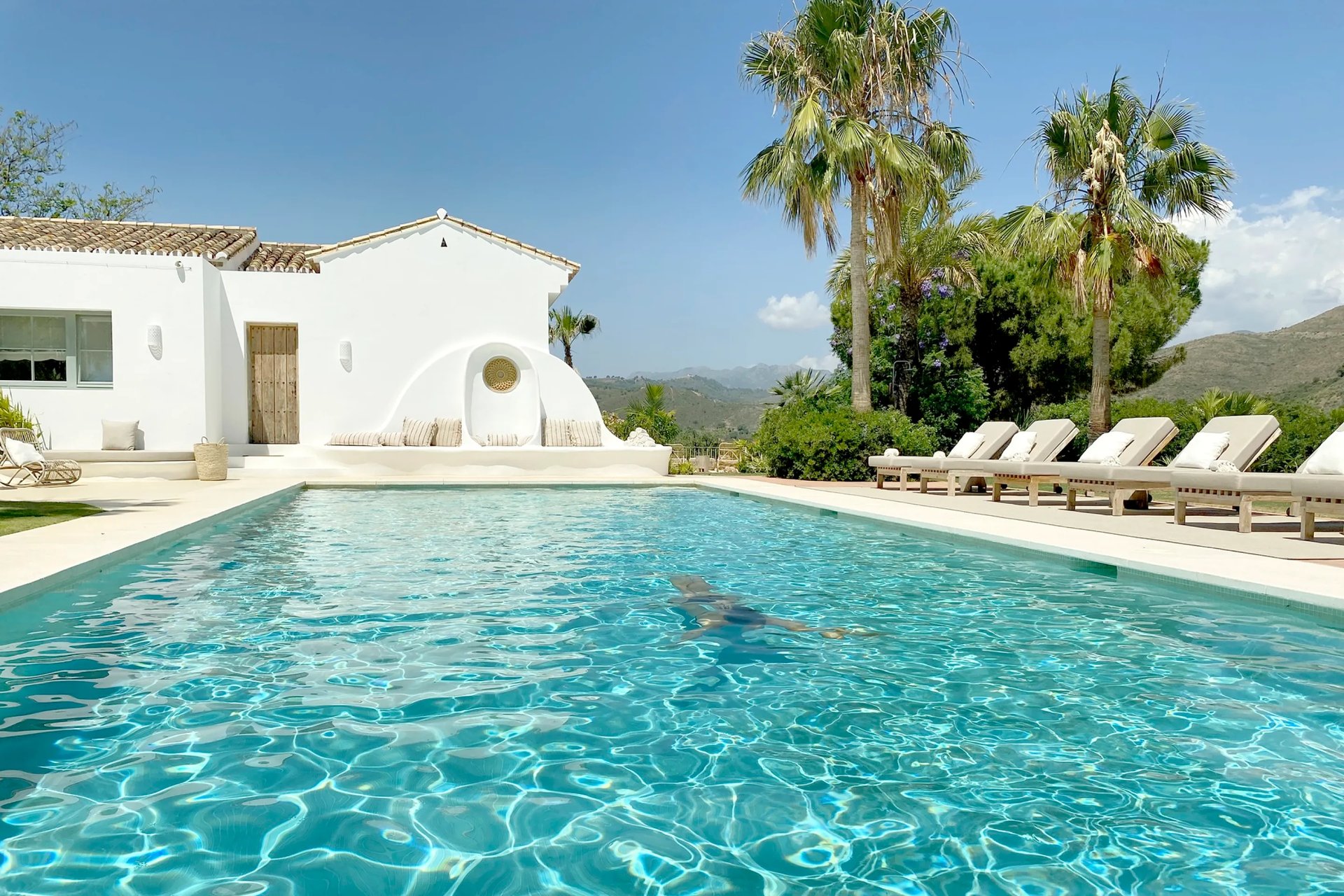 Main pool terrace with sun loungers and palm trees