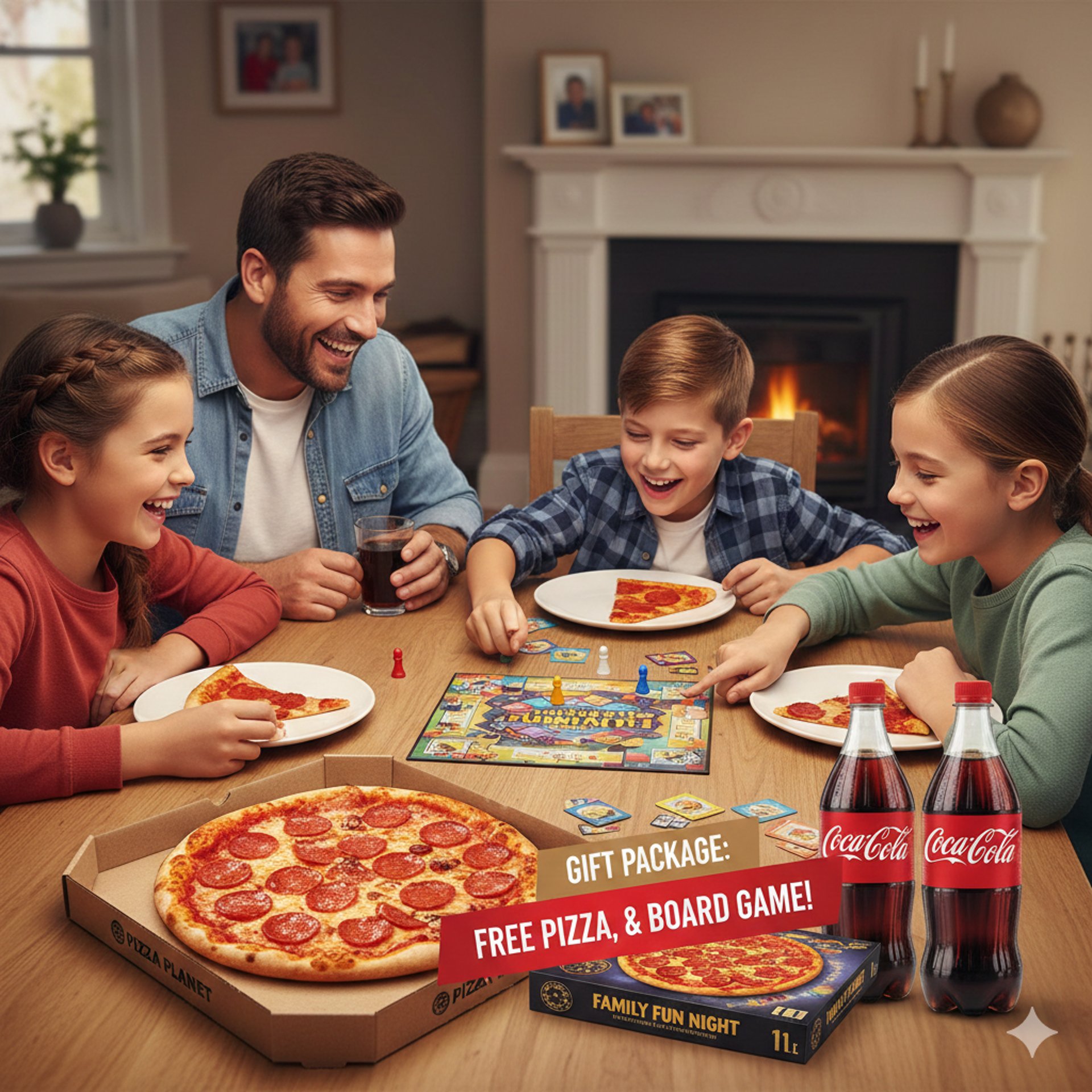A family eating pizza and play board game