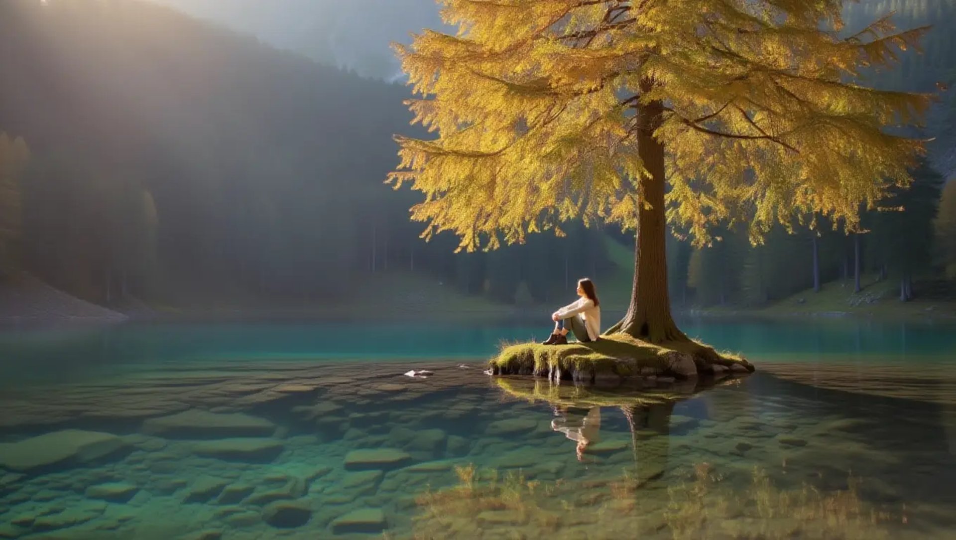 une femme femmensous un arbre au milieu d'un lac avec une magnifique forêt autour