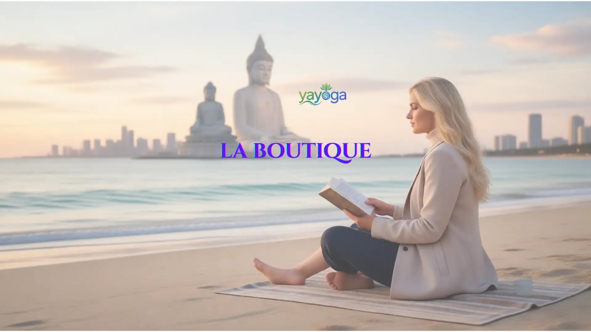 une femme au bord de l'eau lisant un livre devant de nombreux bouddhas