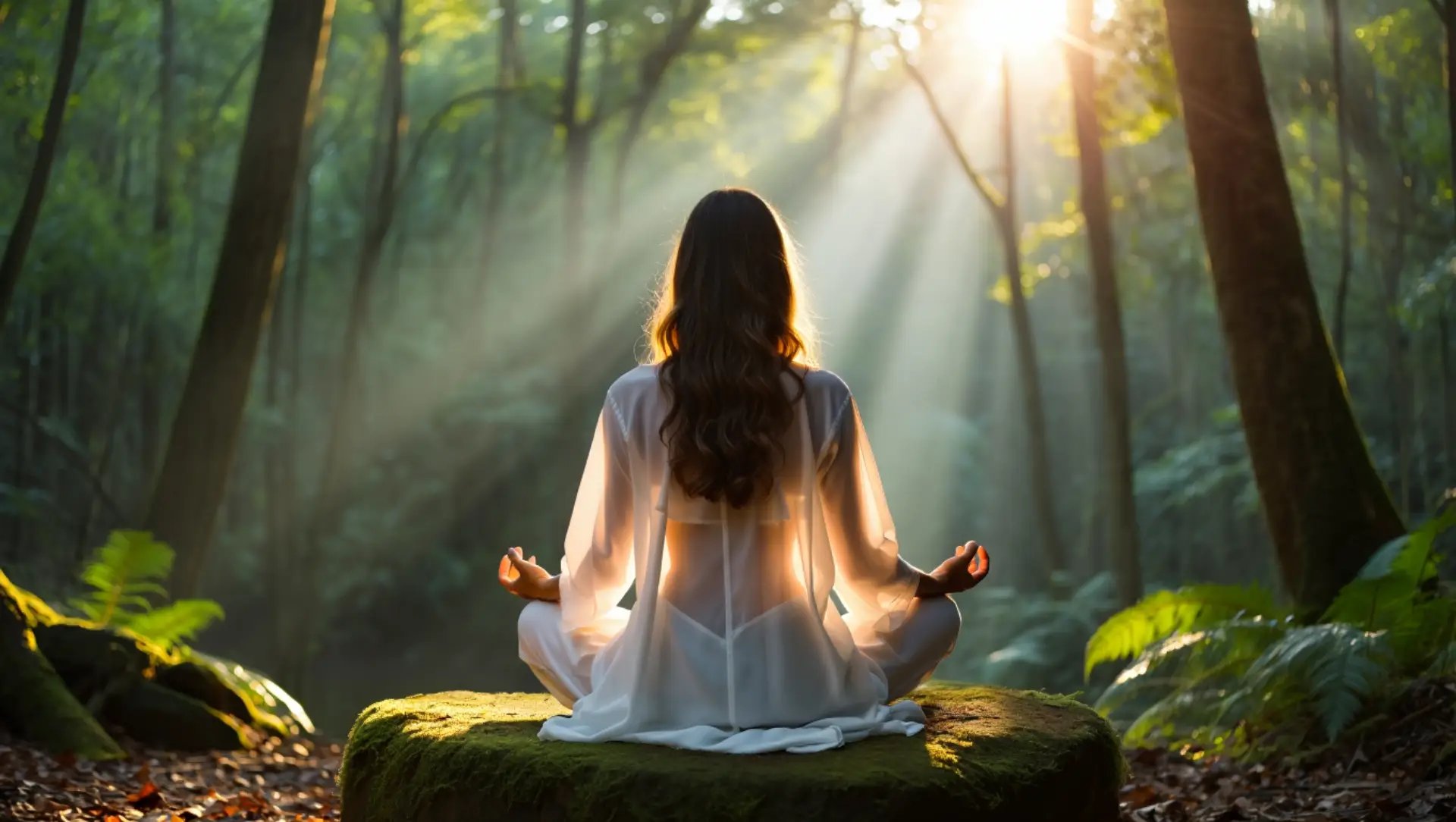 une femme assise faisant une pose de yoga dans une forêt