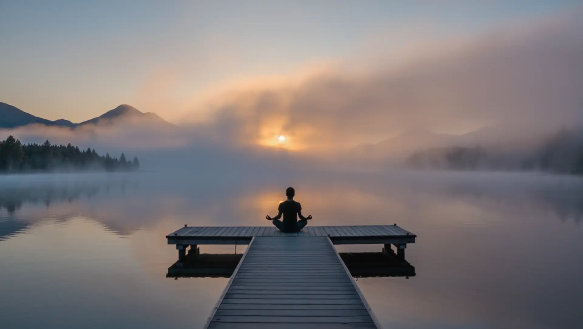 une femme au bord d'un lac au crépuscule en pleine méditation
