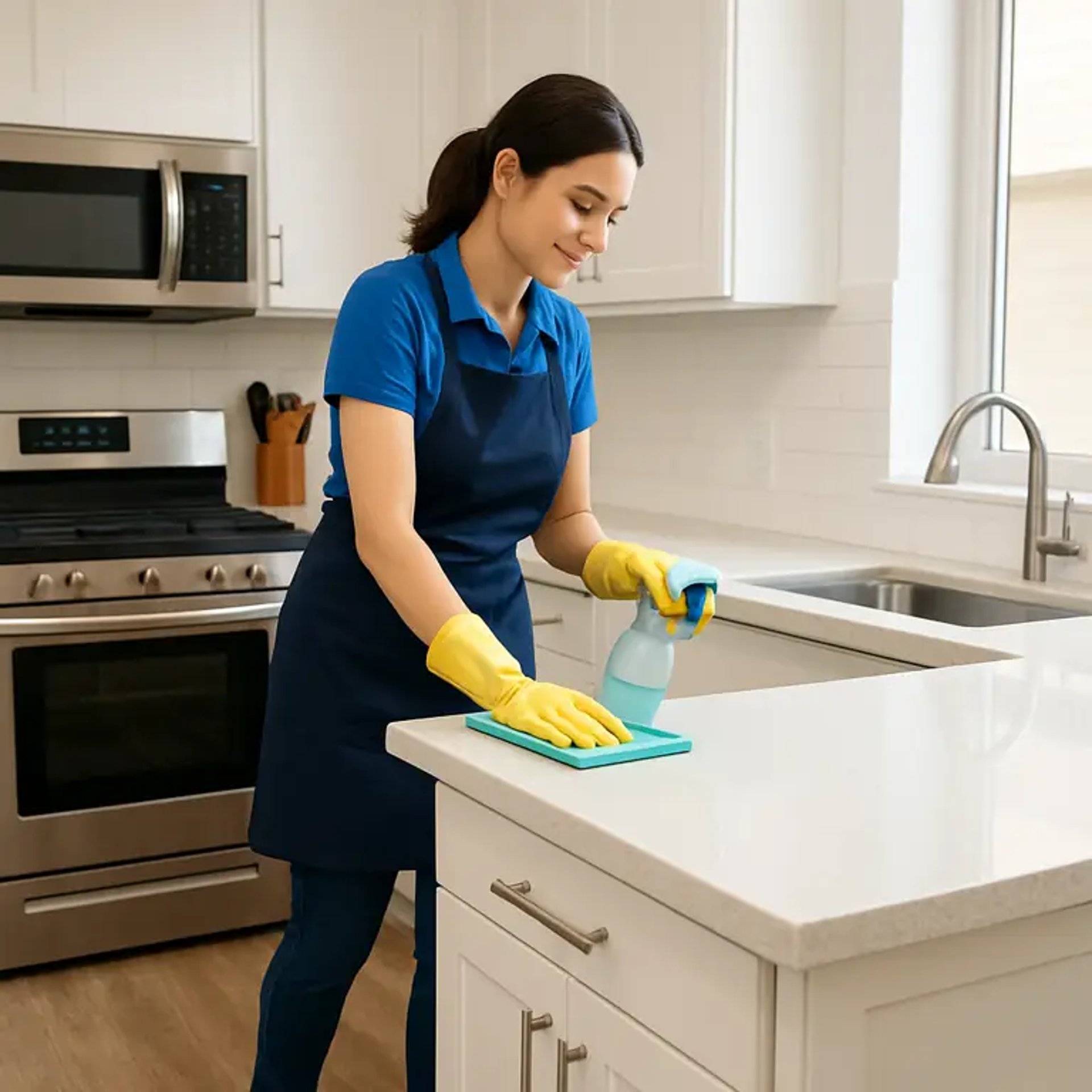 cleaning professional wiping a modern kitchen counter