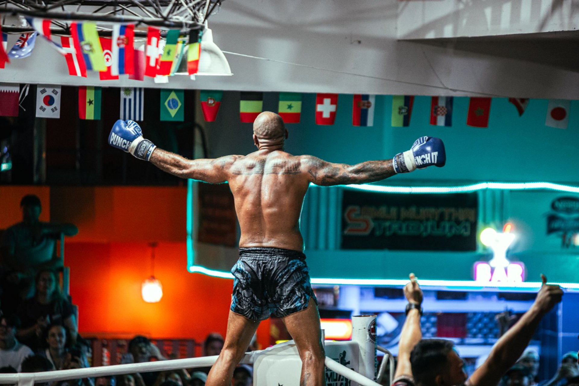 National flag on his winner at Samui international Muay Thai boxing stadium and Gym