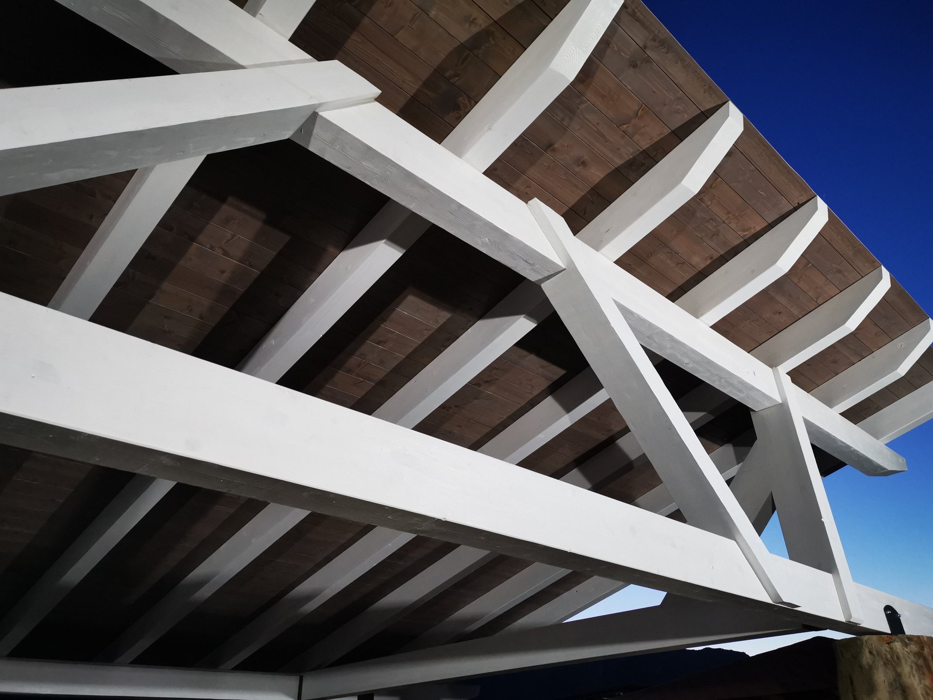an abstract photo of a curved building with a blue sky in the background