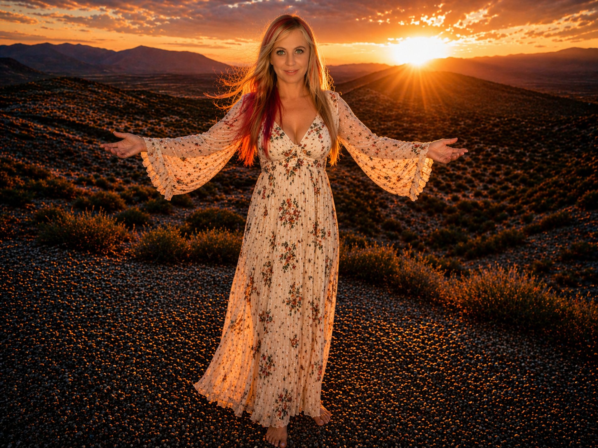 photo of person wearing brown and orange floral maxi dress walking barefooted along deserted land