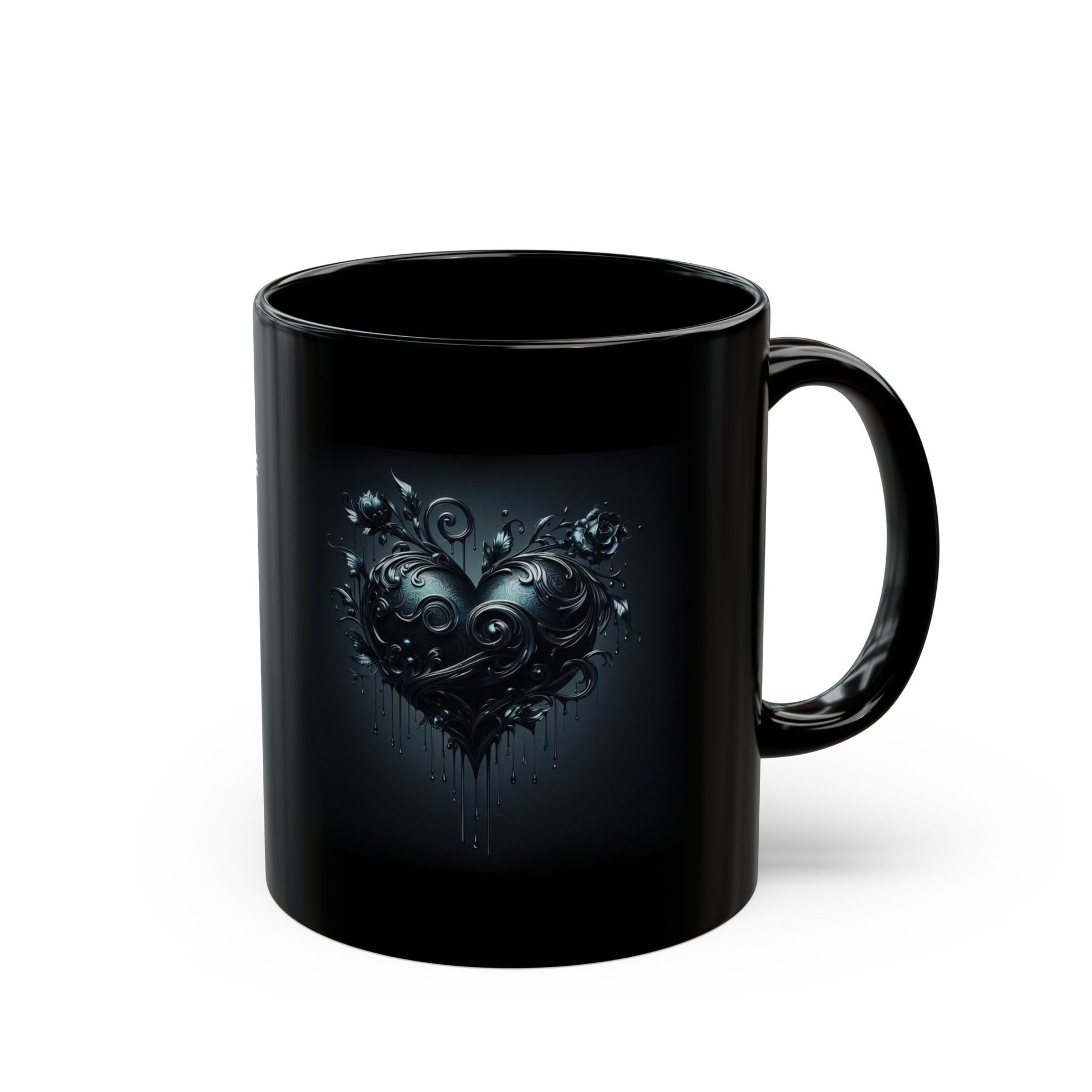 A black mug featuring a stylised black romantic heart wrapped in black roses and scrolls