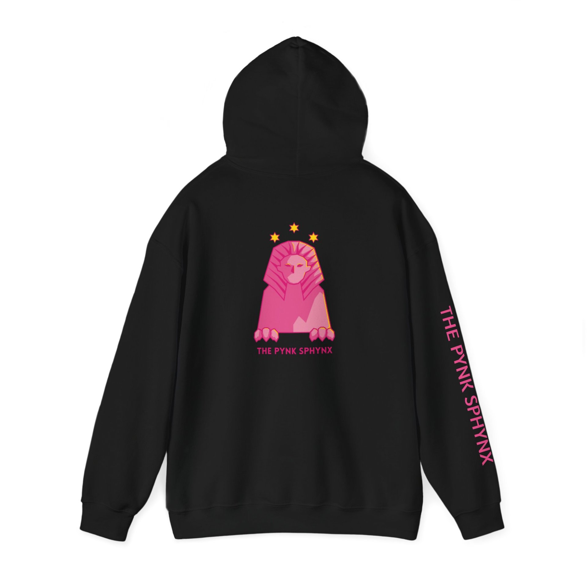 A black hoodie featuring a stylised pink Egyptian sphynx