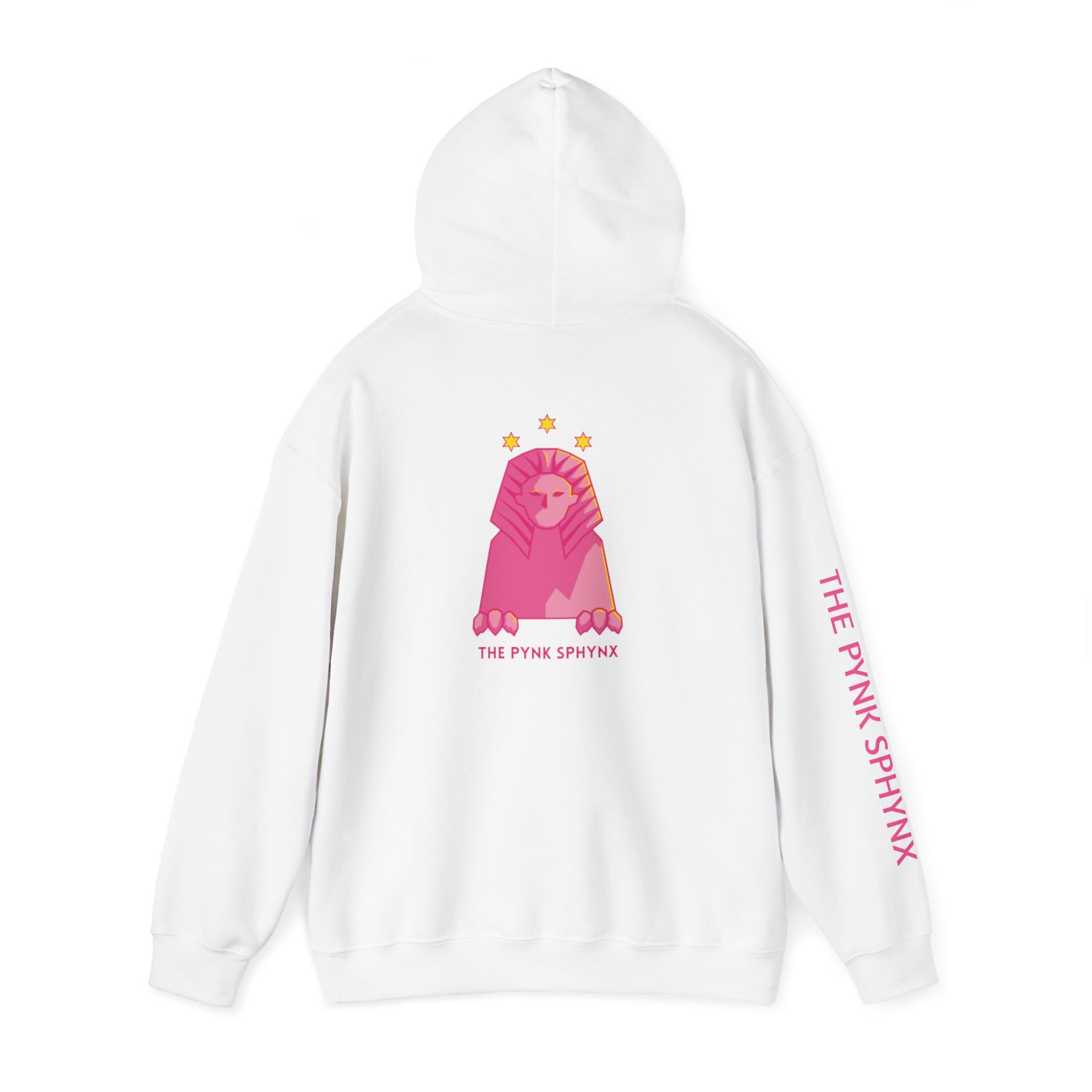 A white hoodie featuring a stylised pink Egyptian sphynx