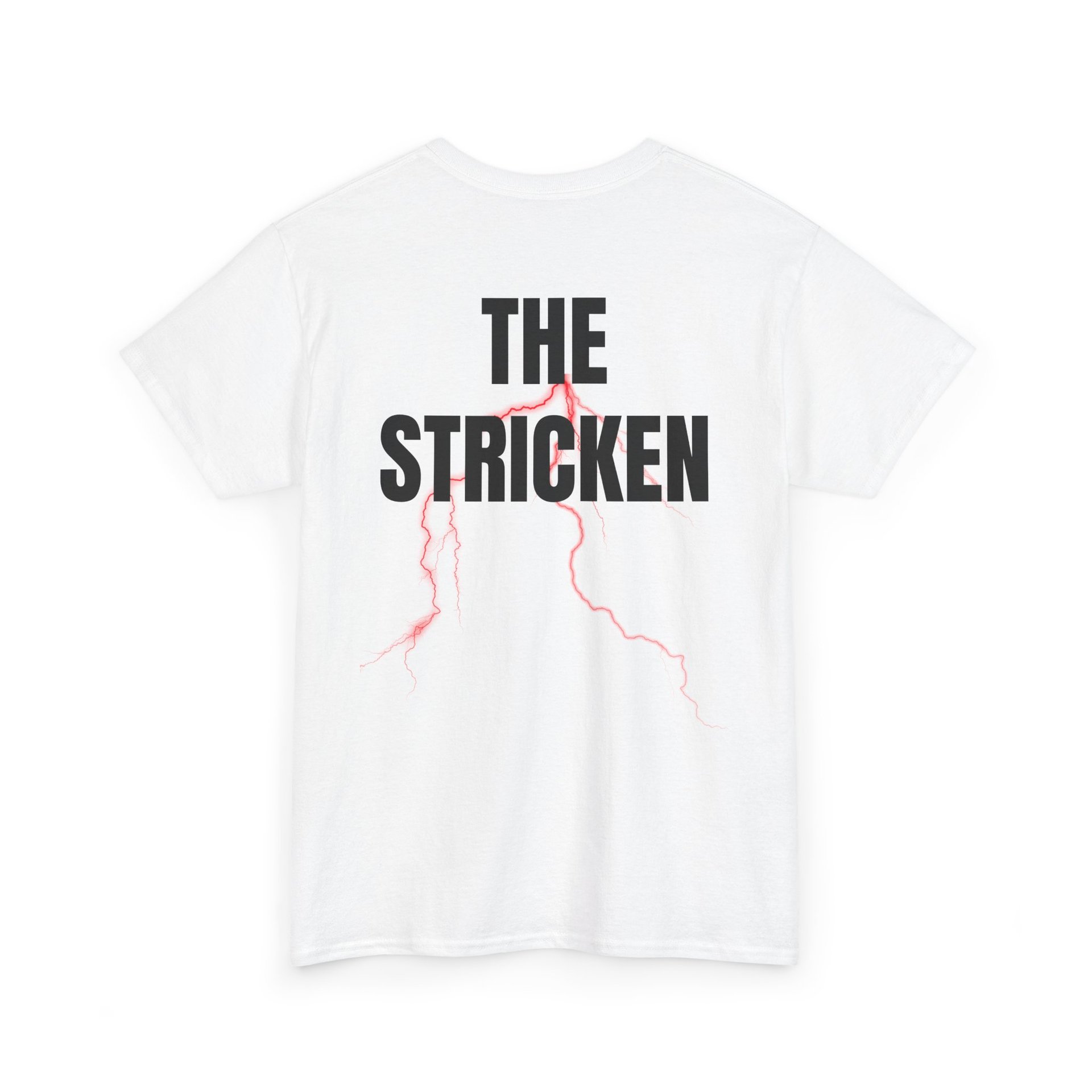 Red lightning striking large black letters that say "The Stricken"