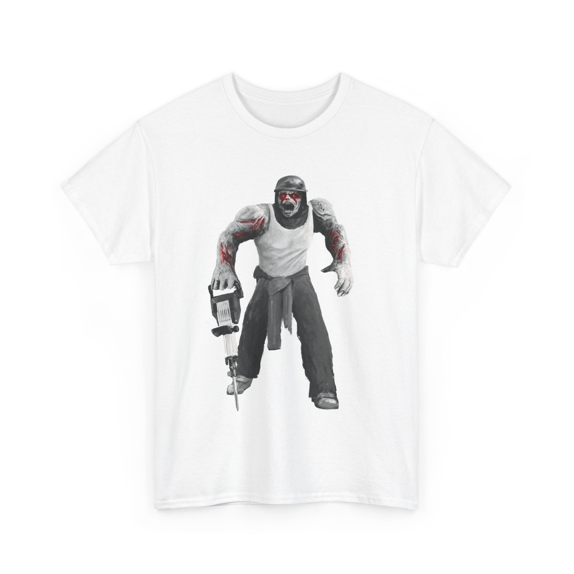 A white t-shirt featuring a muscle-bound zombie wearing a hardhat and wielding a jackhammer