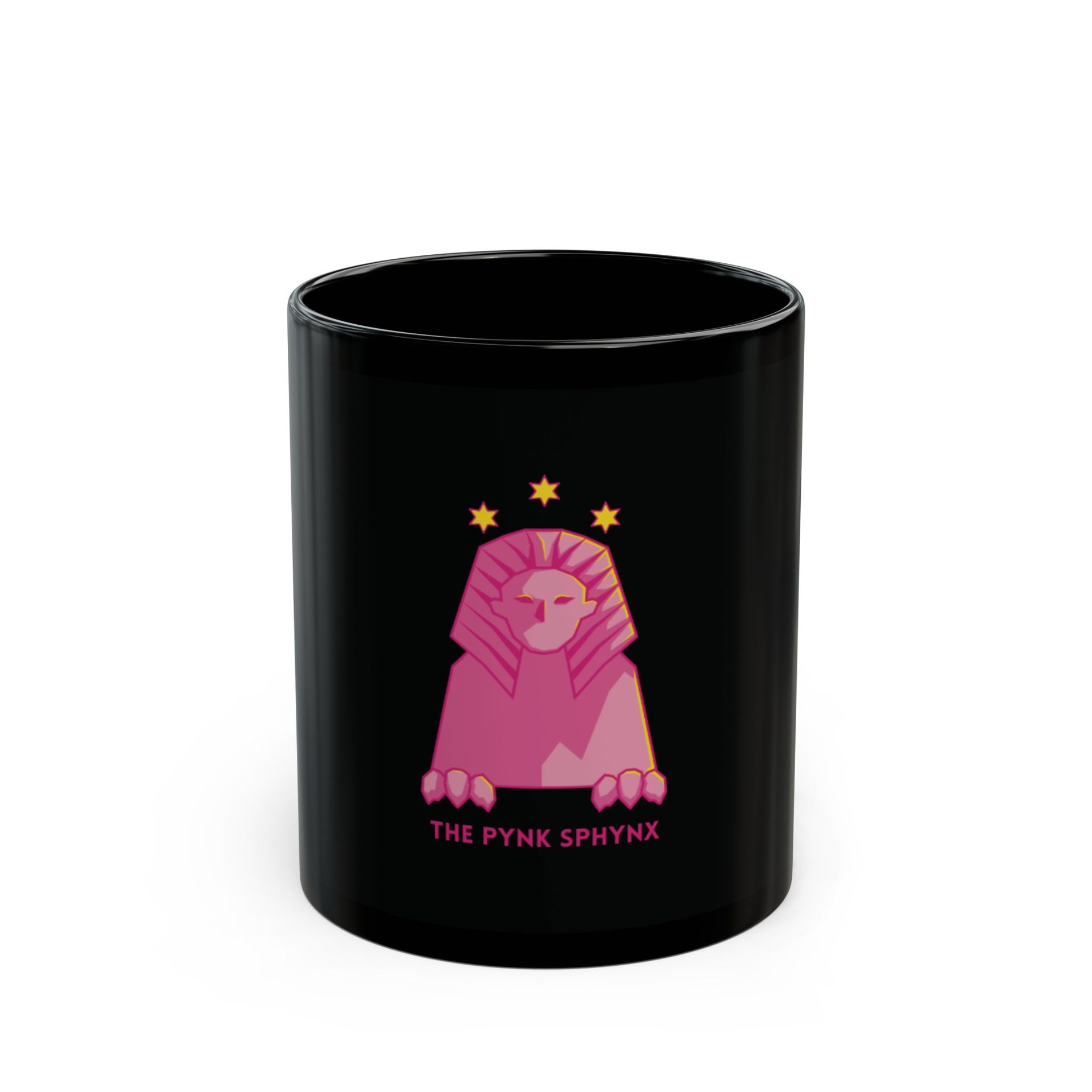 A black mug featuring a stylised pink Egyptian sphynx
