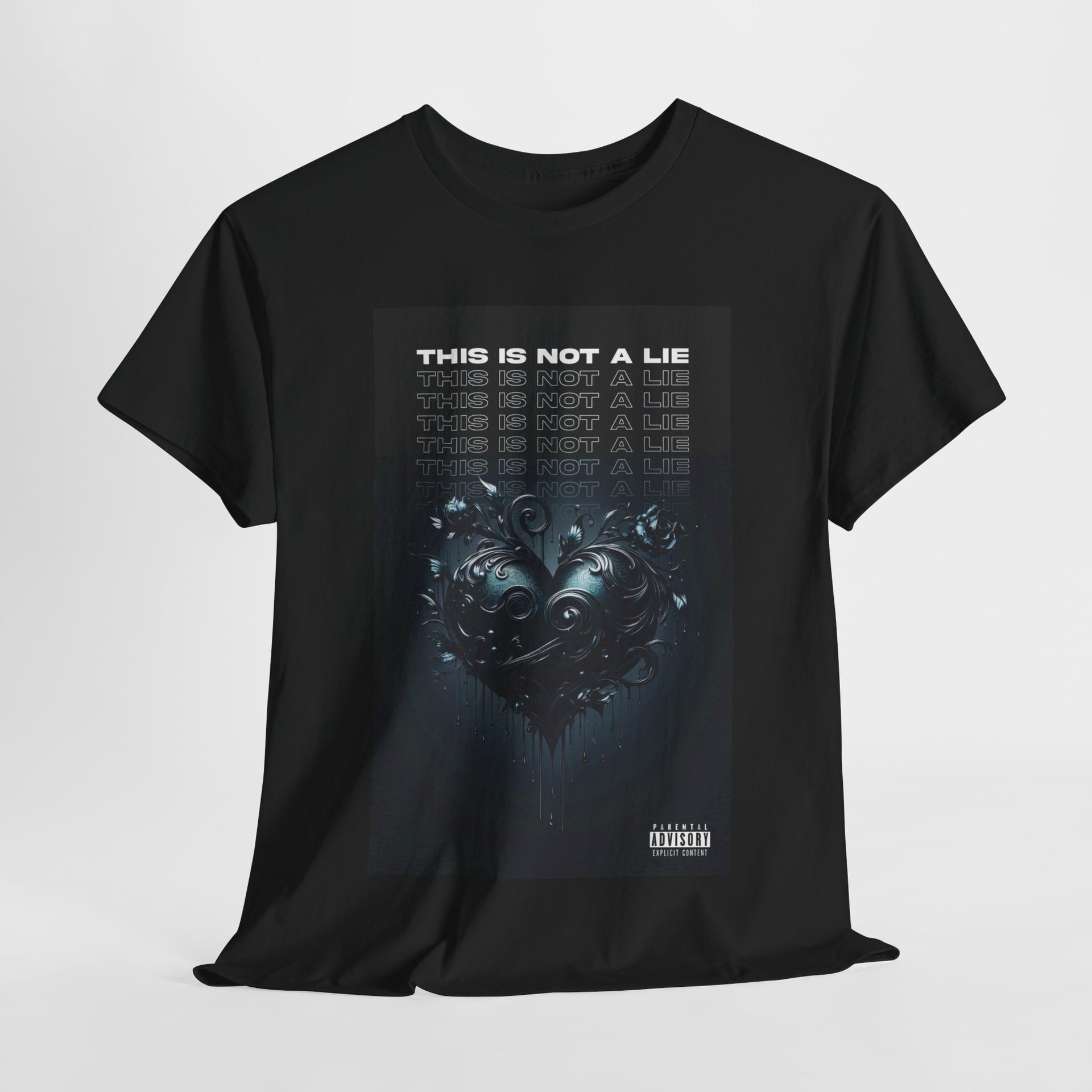 A black t-shirt featuring a romantic black heart wrapped in black roses and scroll work