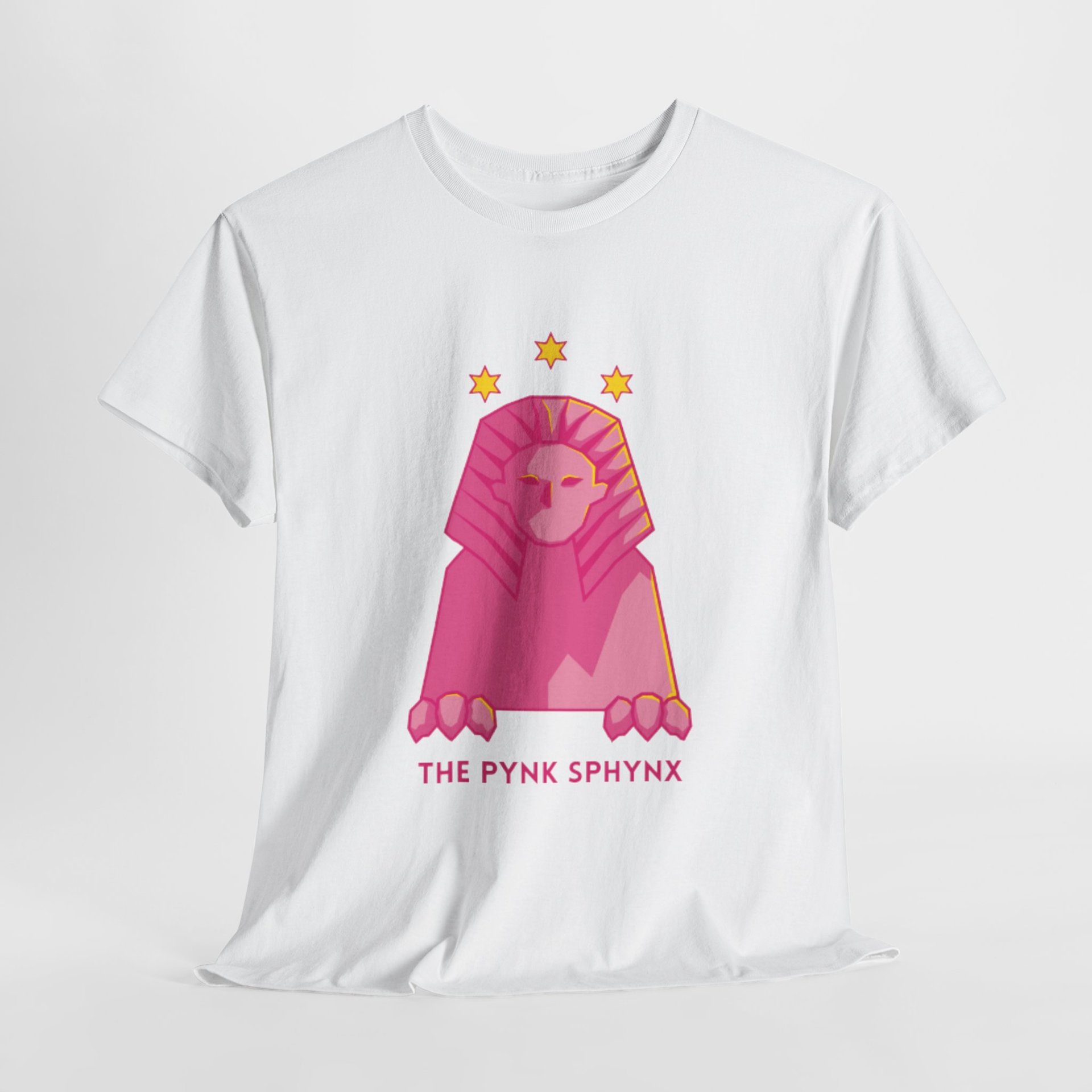 A white t-shirt featuring a stylised pink Egyptian sphinx