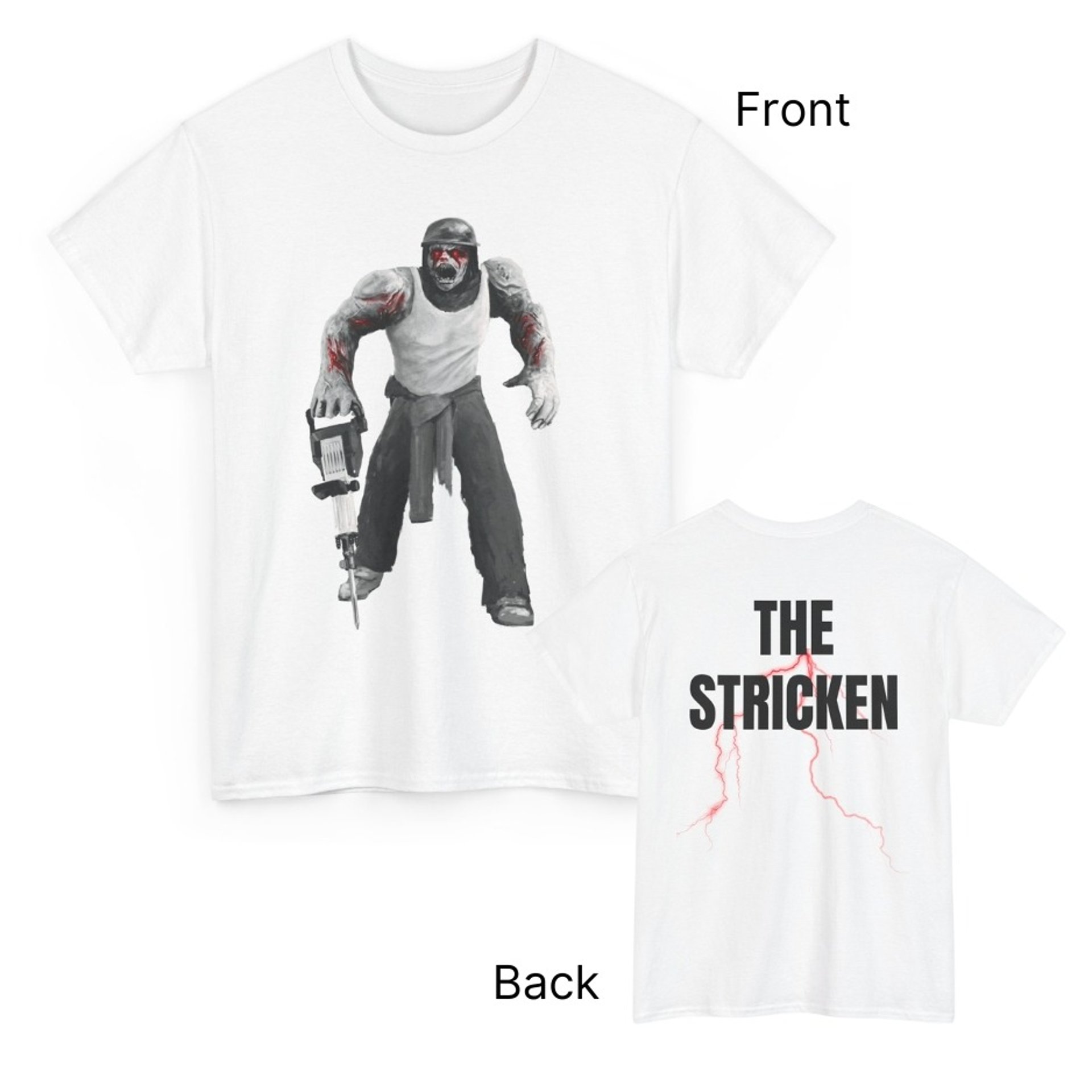A white t-shirt featuring a muscle-bound zombie wearing a hardhat and wielding a jackhammer