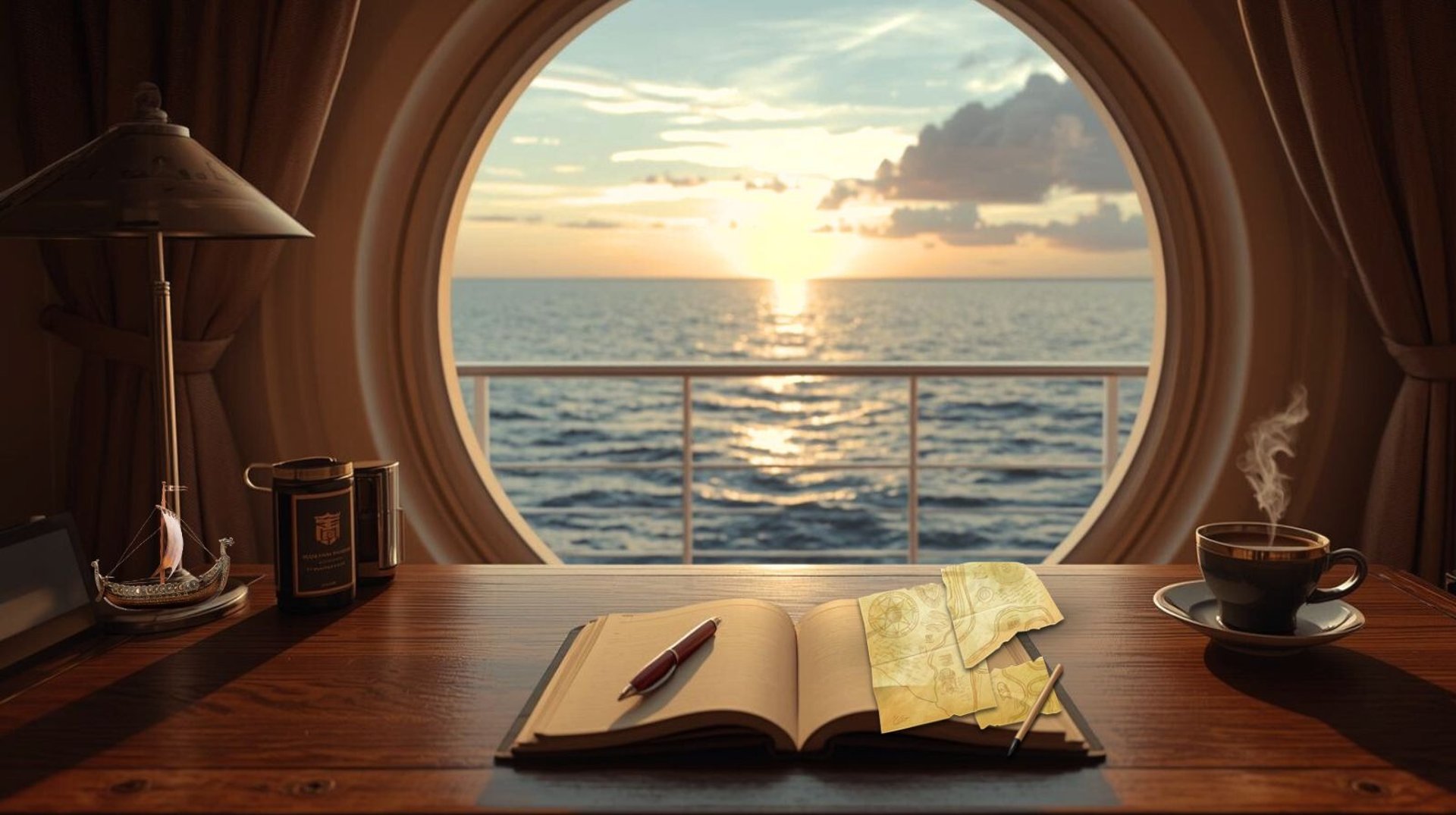 Desk interno de navio de cruzeiro em frente a janela com vista para o mar calmo