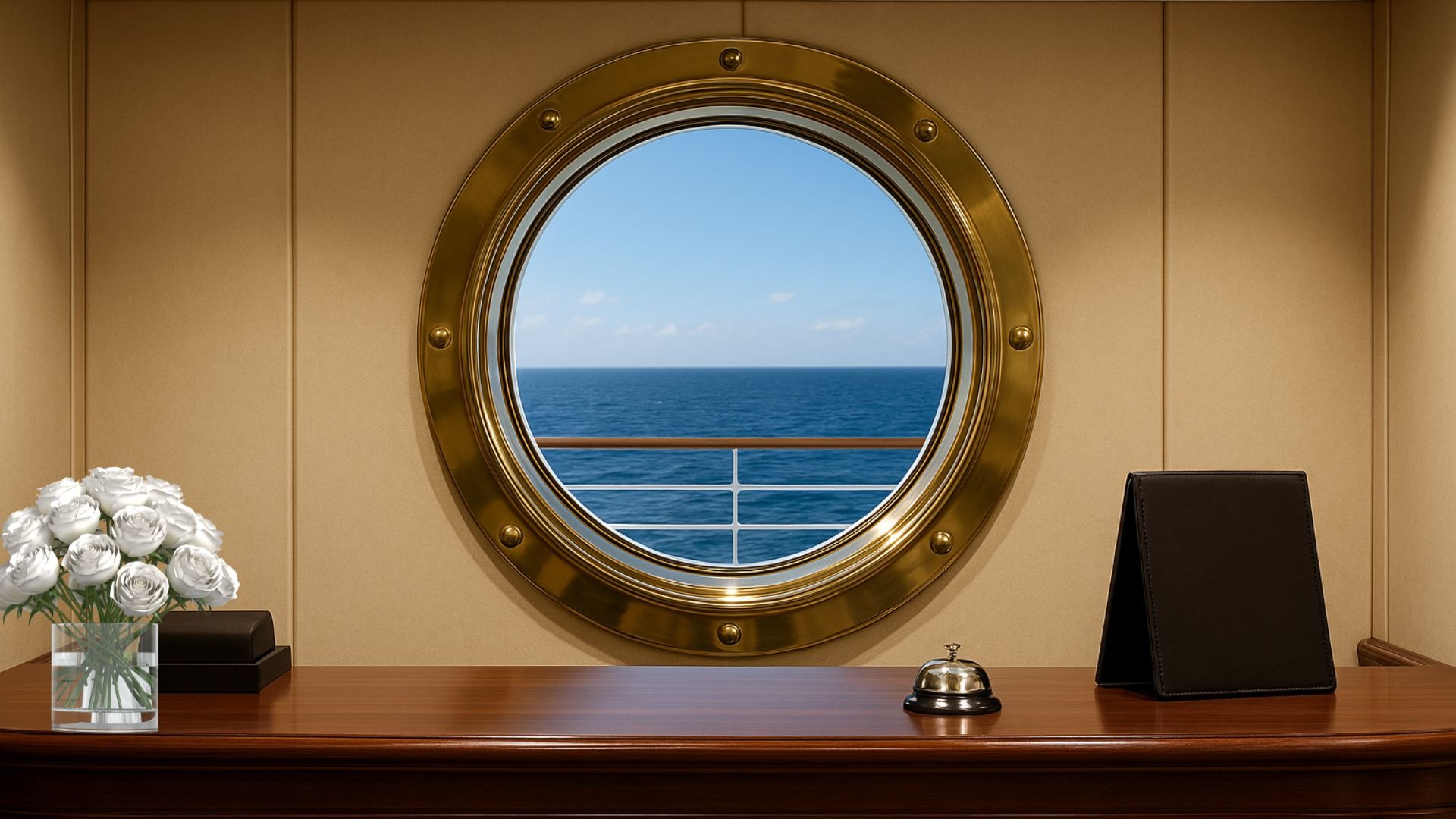 Recepção elegante de navio com vista para o mar ao fundo — Purser's Desk.