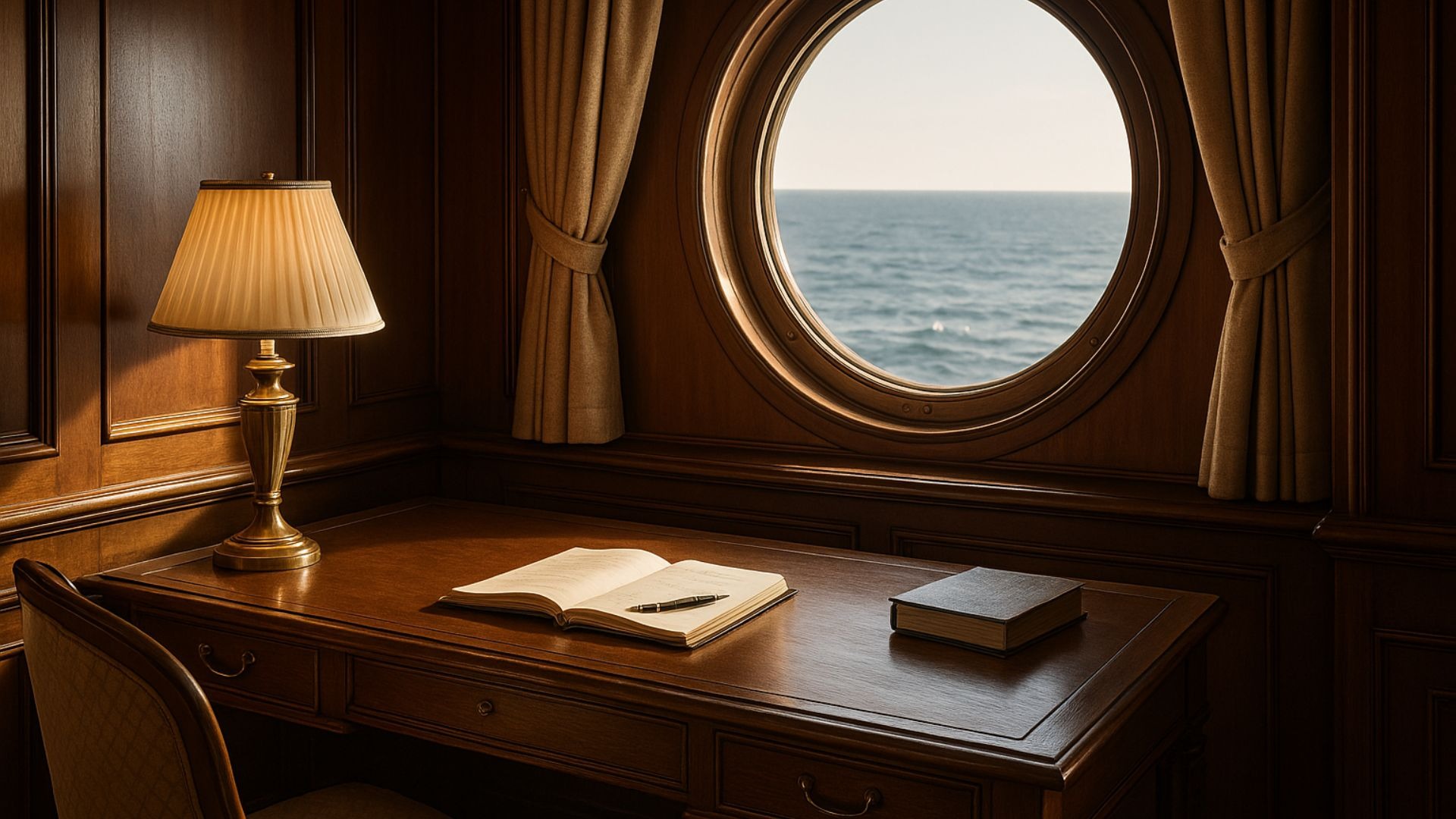 Espaço de escrita elegante a bordo de um navio, com escrivaninha clássica junto a uma janela redonda com vista para o mar.