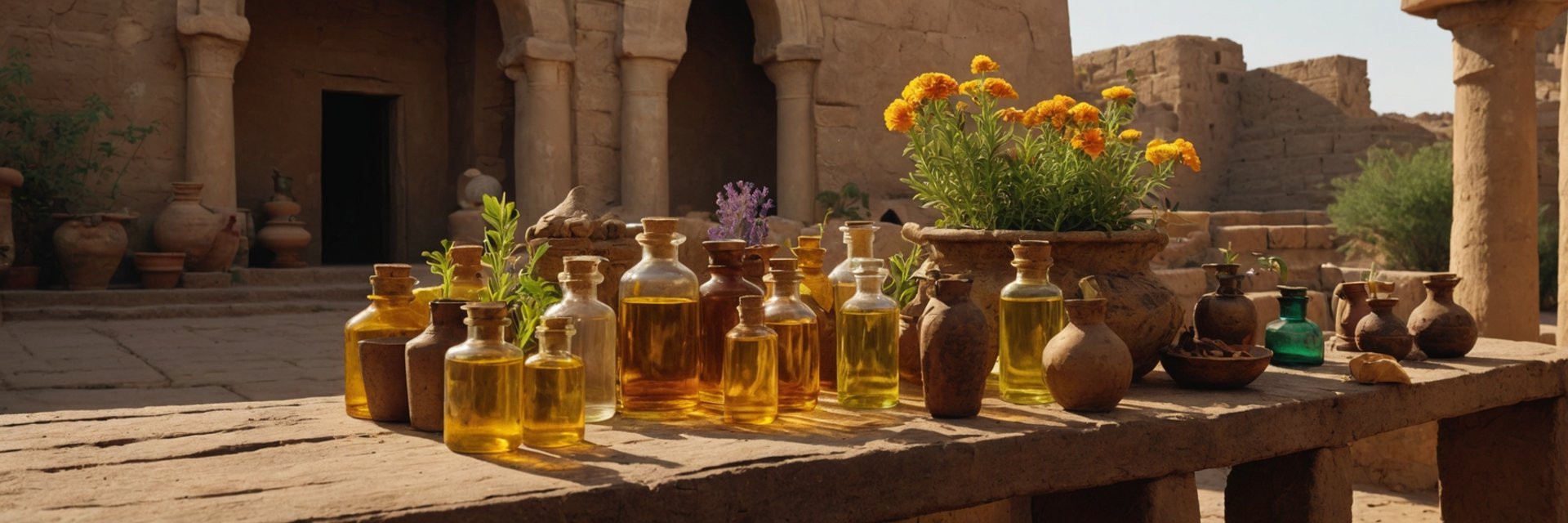 Ancient Essential Oils and herbs on stone table in sunlit historic markteplace setting