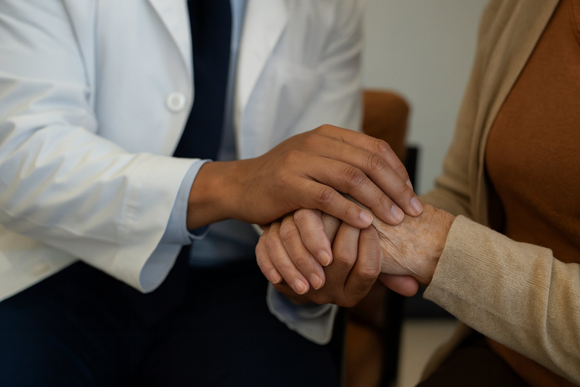 Neurology provider offering supportive care, holding a patient’s hand during consultation.
