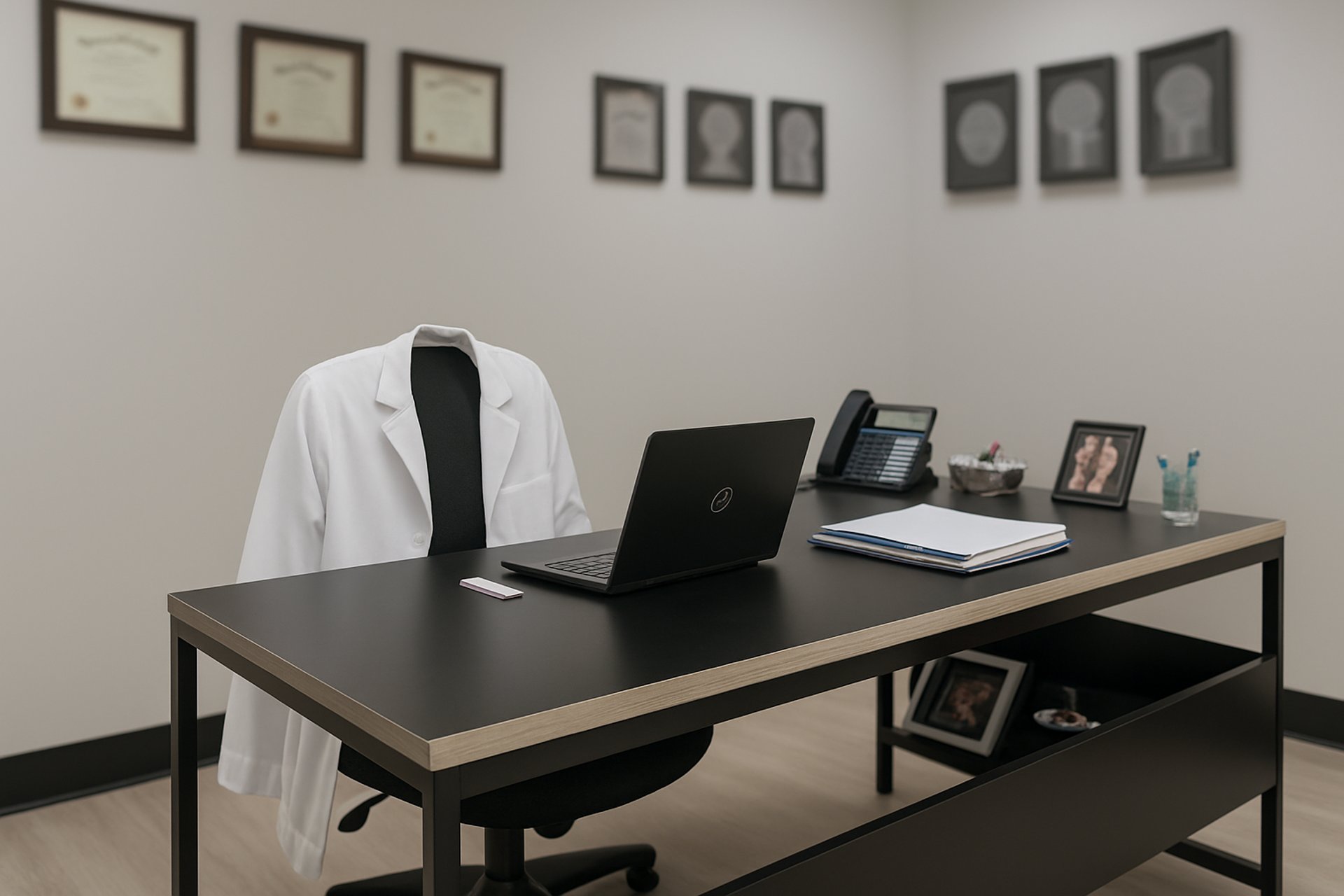 Neurology doctors office with desk, laptop, medical certifications, and framed MRI images on the wall.