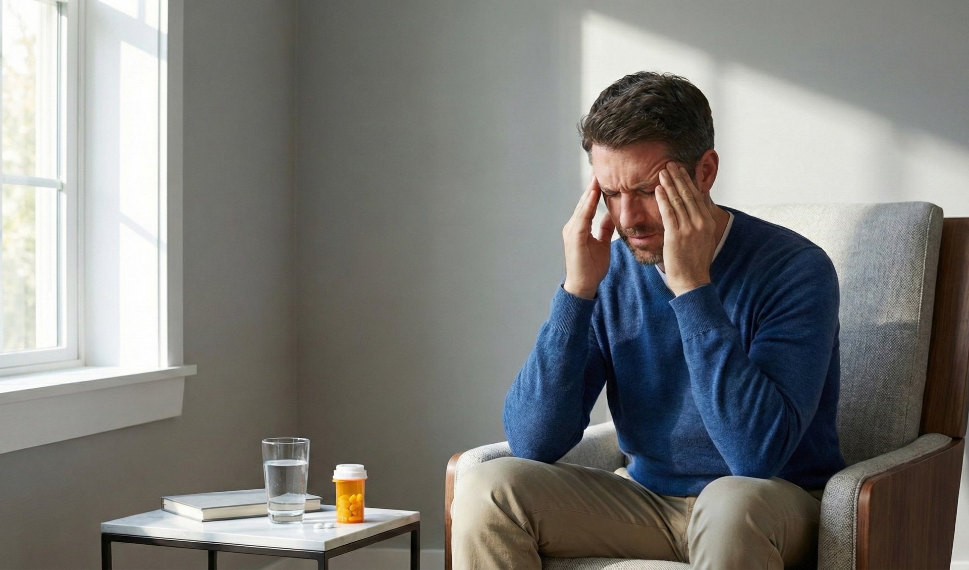 A man sits in a chair, rubbing his temples in pain from a headache, with a glass of water and a pill bottle on a table.