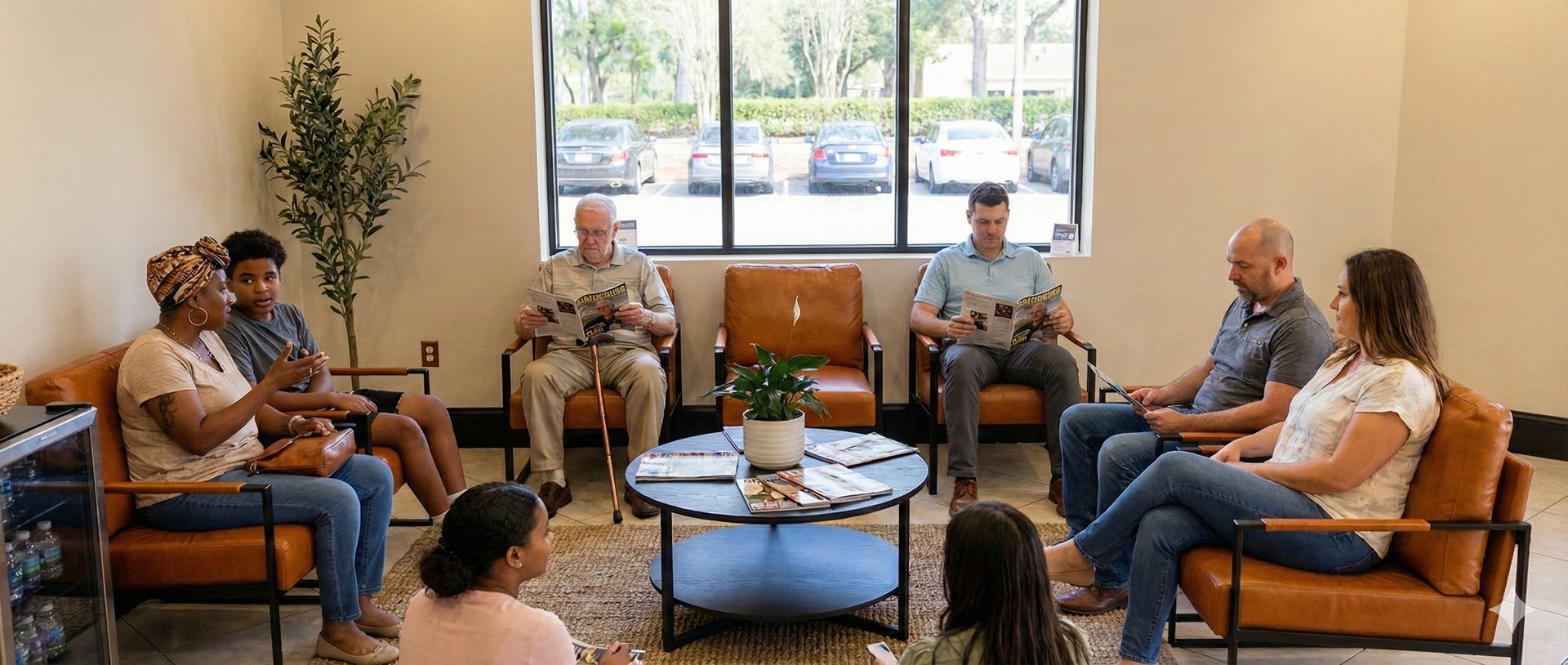 Patients seated in the Charis Neurology waiting room, relaxing in a bright, comfortable lobby before their appointments.