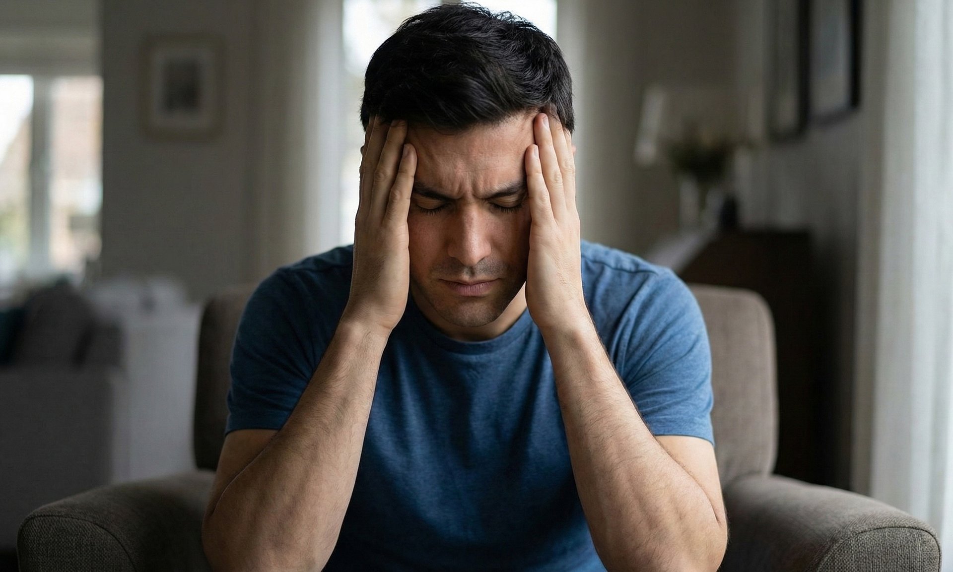 A man wearing a blue sweater rubbing his temples in pain, illustrating the symptoms of a severe migraine headache.