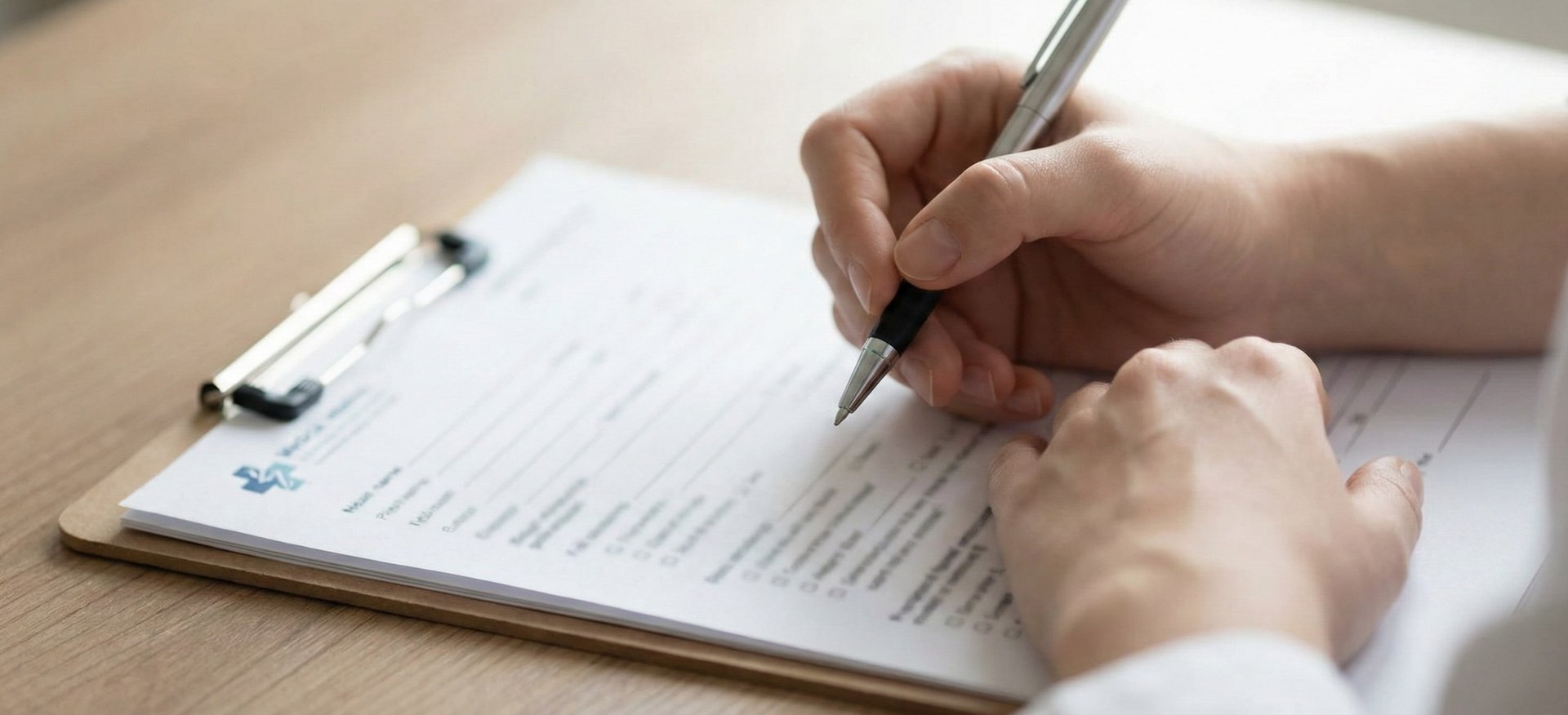 A close-up photograph of a person's hands filling out medical forms on a wooden desk, with the text on the forms out of focus