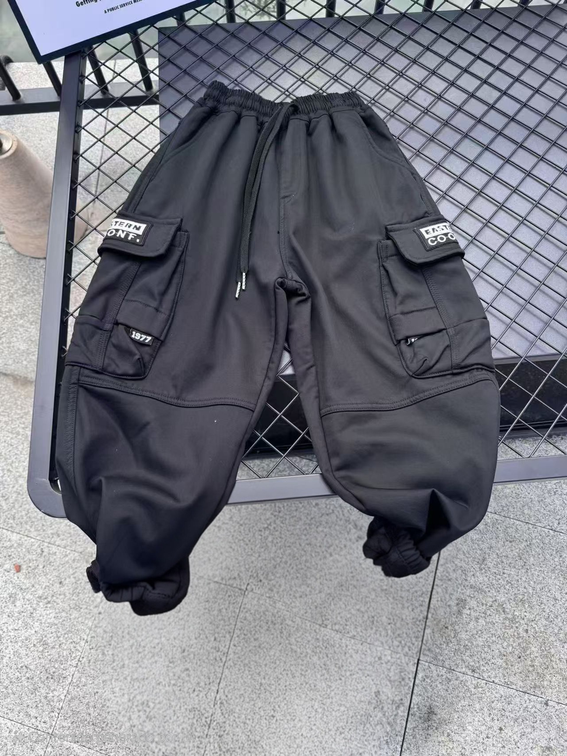 a display of christmas trees and a bench