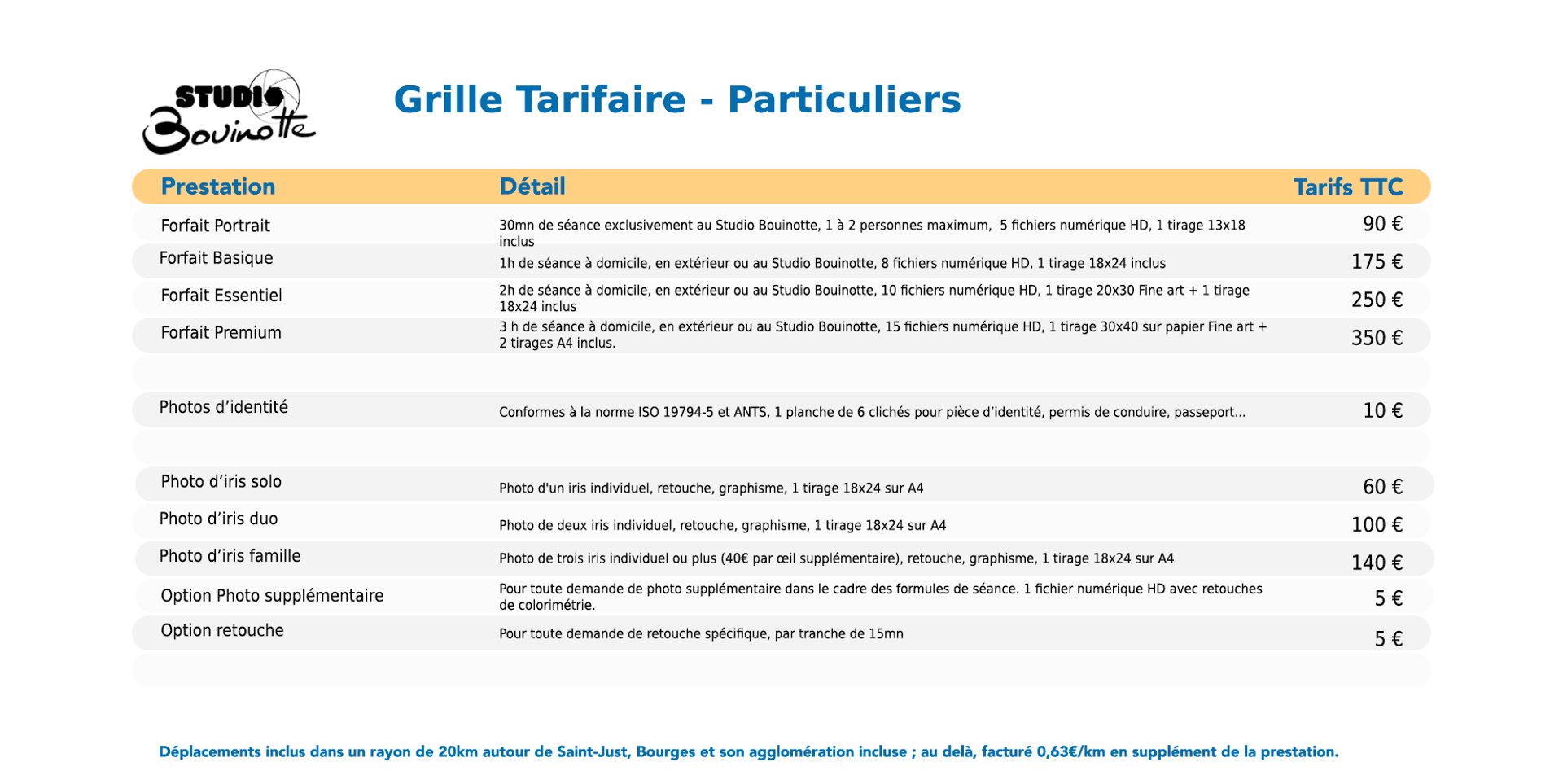 Tarifs Studio Bouinotte